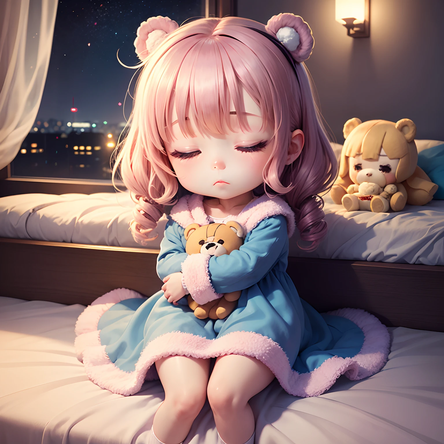 masterpiece、top-quality、ultra-detailliert、(Chibi Chara's Daughter:1.2)、Chibi Bed、night wear、closing eye、(Sleeping:1.2)、The bed is what you sleep in、full body Esbian、dim room、Moonlight from the window、Stuffed Bear