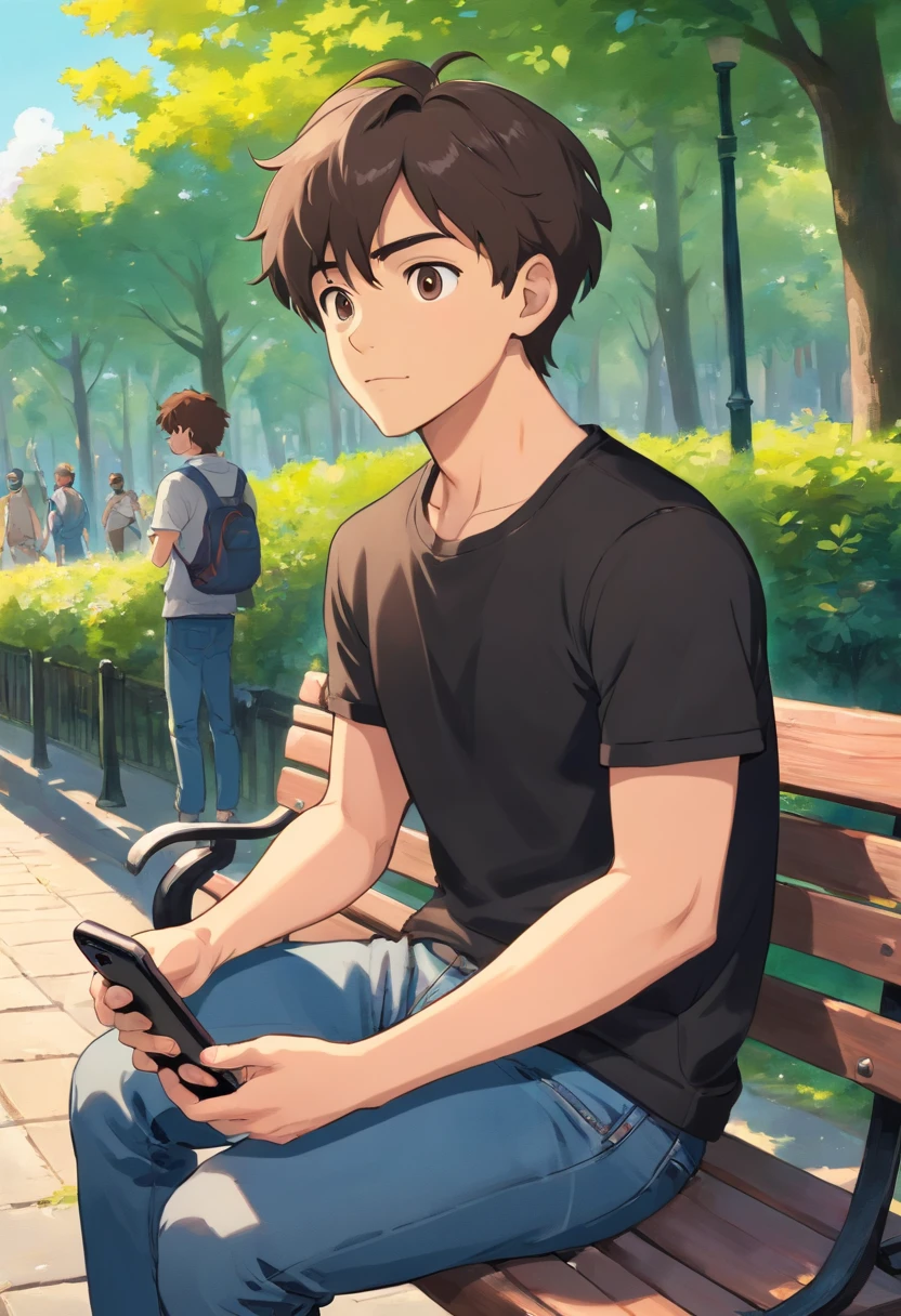 a young man with black t shirt and a jeans , sitting on the side of a park bench , holding his phone with one hand , looking to the left