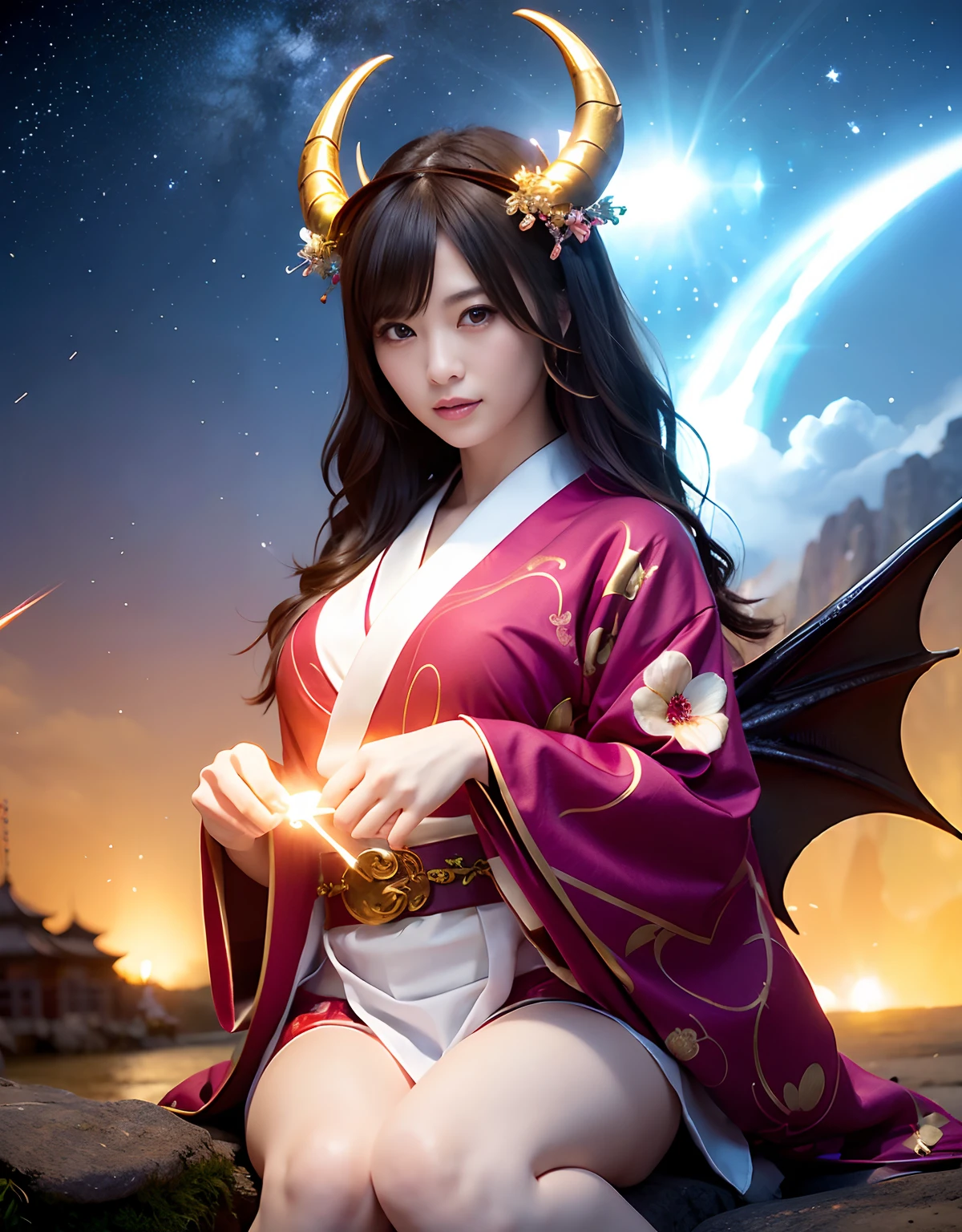 ((World of Darkness)),Professional , masterpiece、top-quality、photos realistic , depth of fields 、(sexypose)、(Background of cherry blossoms in full bloom),(Ultimate Beauty)、A dark-haired、()、(Kimono with beautiful pattern)、(Night background)、((a dark night)),(Wear a beautiful kimono),(Wear a beautiful kimono with colorful floral patterns)、Jewel Gold Weapon、Particles of light),(Has a devil's mask)、Gorgeous gold weapons ,(( Gorgeous Dragon Sword)) , (a dark night),,(maikurobikini) 、((Black Haired Beautiful Girl))、(Castle background)、(demonic wings)、((Gangle's forest background))、Beautiful Caucasian beauty、1a person、dynamic ungle,(((Two devil's horns on the head)))、Smaller head、Idle Smile、Thin and beautiful female hands、Mystical expression、Light Effects、intense fighting、Wind-effect、magic circles、With the legendary magic wand、Dragon's tail、