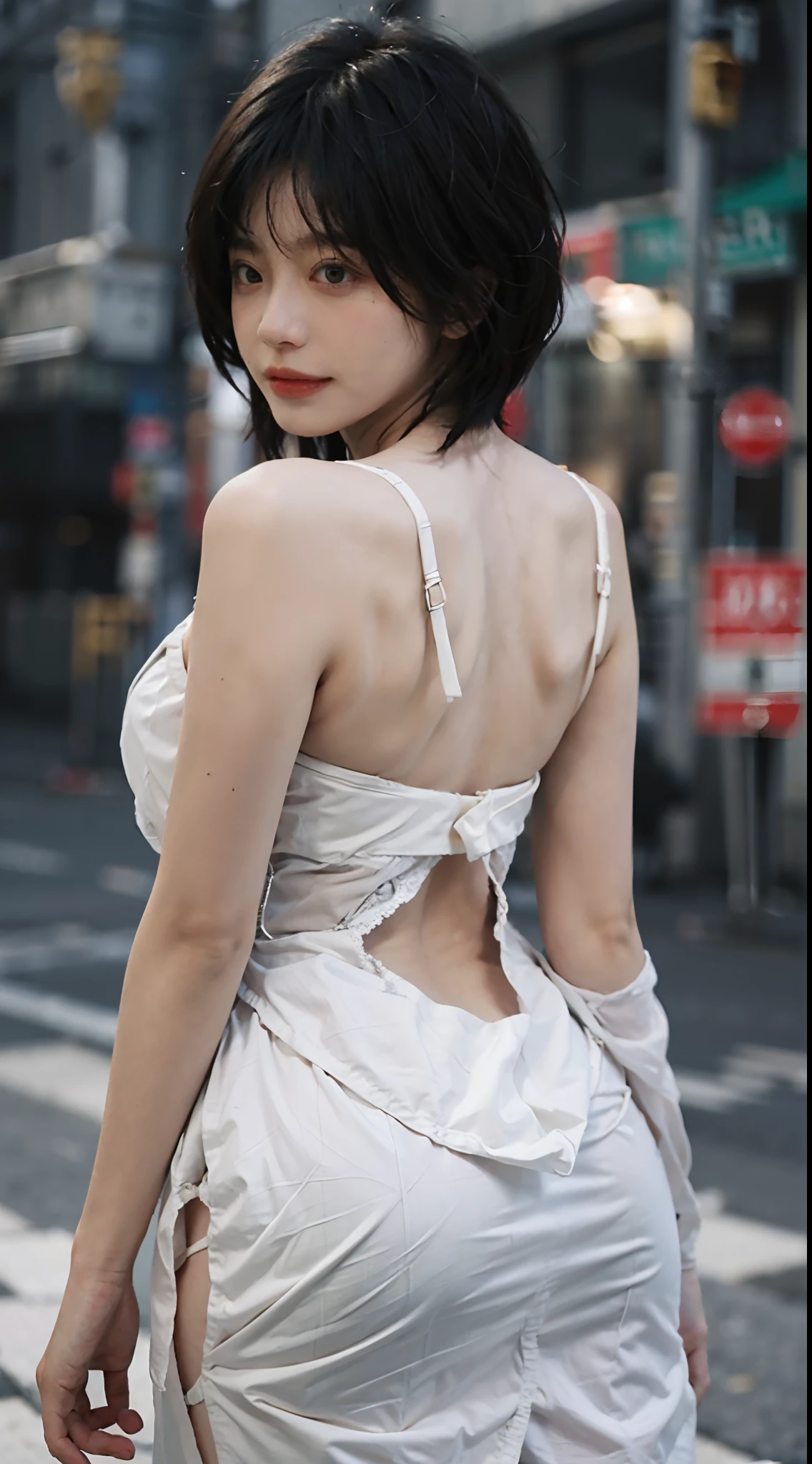 best qualtiy,tmasterpiece,超高分辨率,(realisticlying:1.4),Focus:1.2, perfect figure beautiful woman:1.4, Cocked buttocks:1.2, ((Cut hair in layers, Beautiful breasts:1.2)),(,street:1.3), Bandeau dress:1.1, Highly detailed facial and skin texture, A detailed eye, 二重まぶた,Whiten skin,long whitr hair,