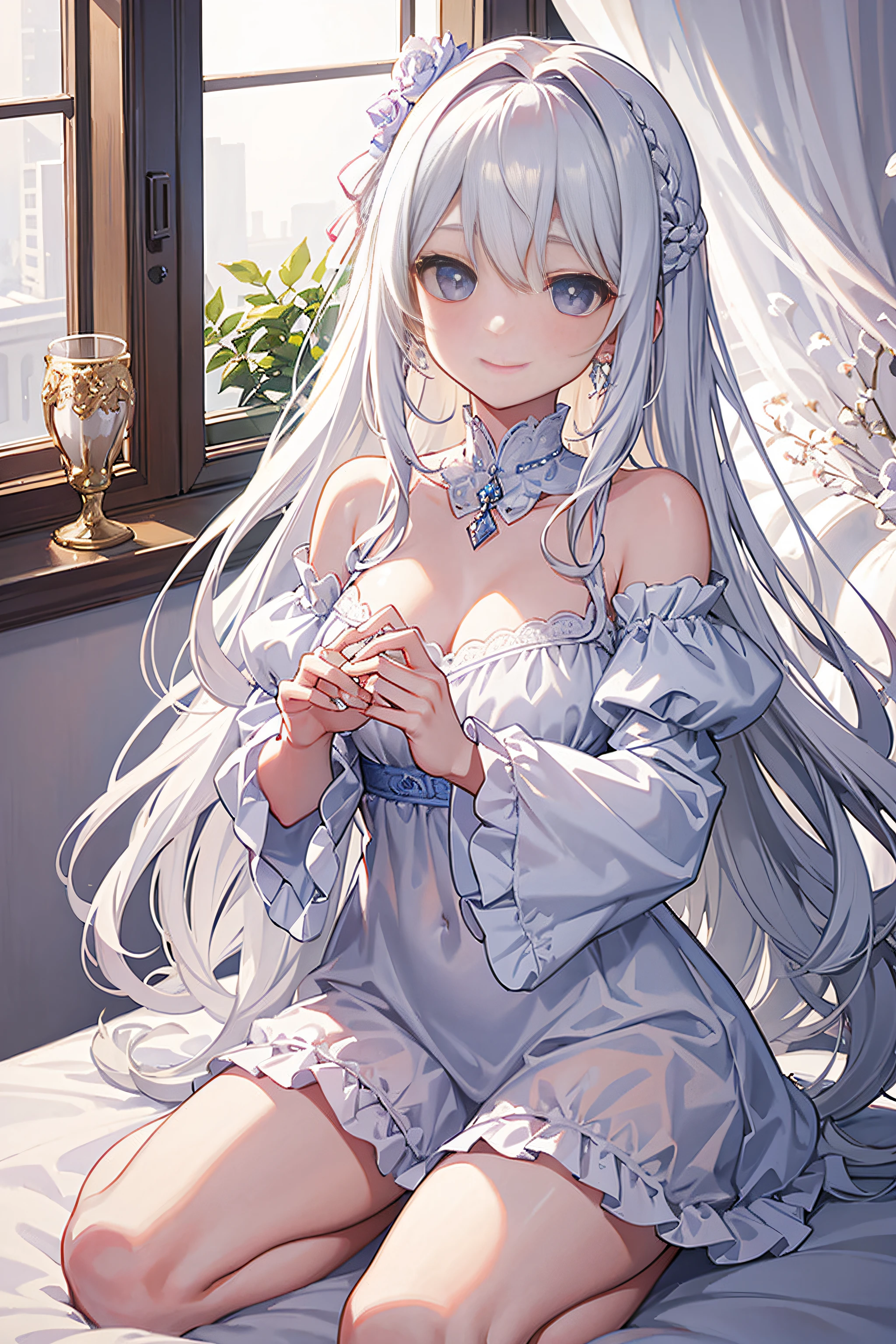 HDR,hyper HD,8K,Best quality at best,Extremely detailed description,professional,tmasterpiece,The is very detailed,dynamic angle,is shy,white haired Cangcang,Young girls,7 ,Soft and fluffy white hair,Be red in the face,An innocent and timid expression,Playful ribbons in hair,Delicate and petite frames,Gentle and shy smile,Smirk softly,The large,inquisitive eyes,Naive miracle,Gentle aura,Girl charm,Shy whispering,Peek through the covers,Grabbing a stuffed animal,Naive whisper,Comfortable bedroom setup,Pastel pastel colors,Soft sunlight through the curtains,Soft and comfortable blankets,Plush pillows,Comforting whispers,Floral pattern on bedding,Softly illuminated night light,A glimpse of your favorite book on the nightstand,fantasy atmosphere,sweet words,The curtains rustled,Play the lullaby gently,A faint floral scent,Whisper of dreams,Butterflies painted on the wall,Gentle scene,Snuggle under the covers,Gentle whispers,Relaxed and relaxed,Innocent weaknesses,Mild and warm environment,NSFW,fullnude,heart - shaped pupils,public tattoo