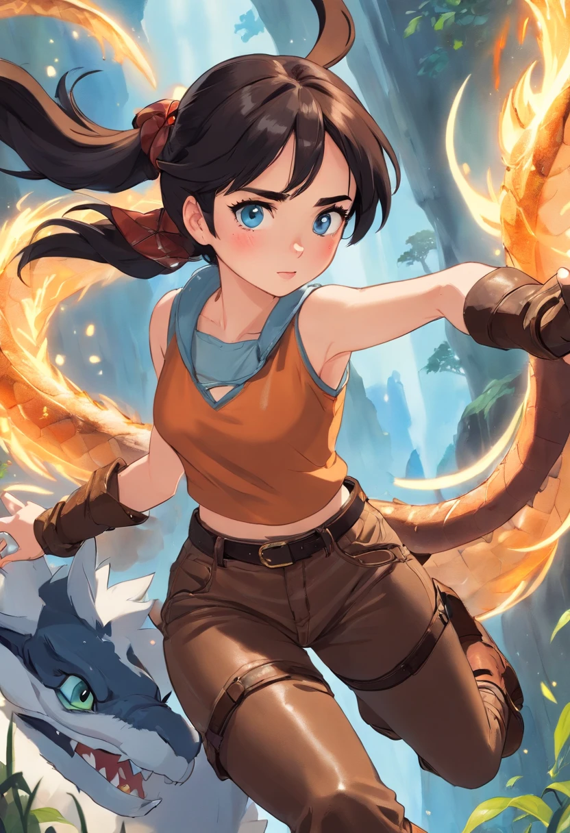 1girl, lily collins, ((freckles)), tan, upper body focus, crop top, black leather leggings, Brown boots, light blue eyes, black hair, big ponytail, fighting a dragon