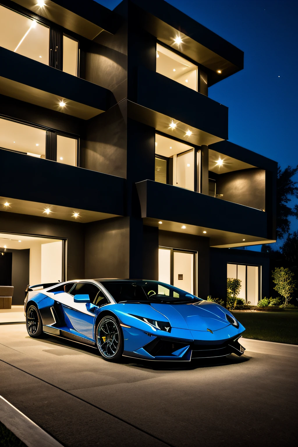 modern house with a lamborghini parked in the driveway at night
