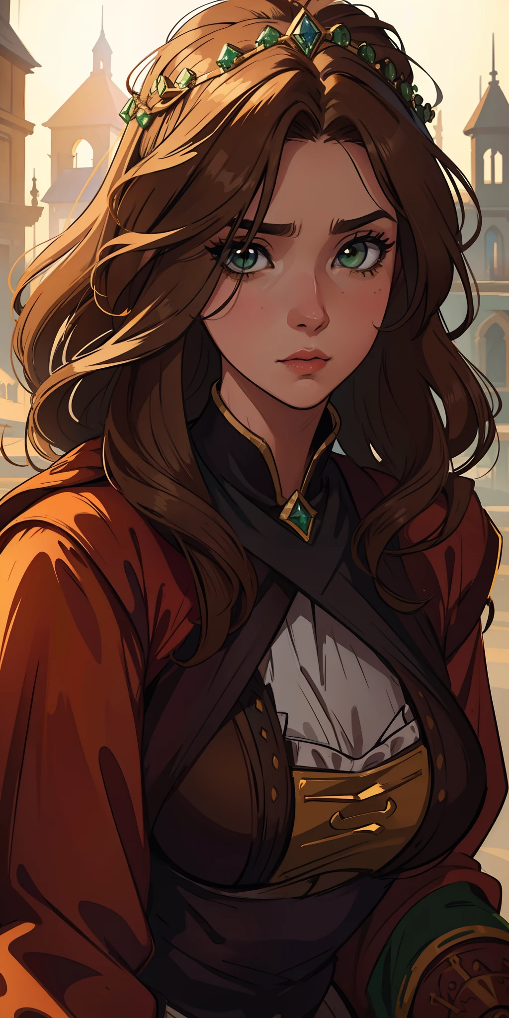Uma bela mulher de olhos verdes e cabelos castanhos longo ondulado (brown hair) (Detailed strokes) Princess eyes Sexy curvy eyelashes A library background Expressive drama with a look of concern Art for an RPG A medieval art for an RPG