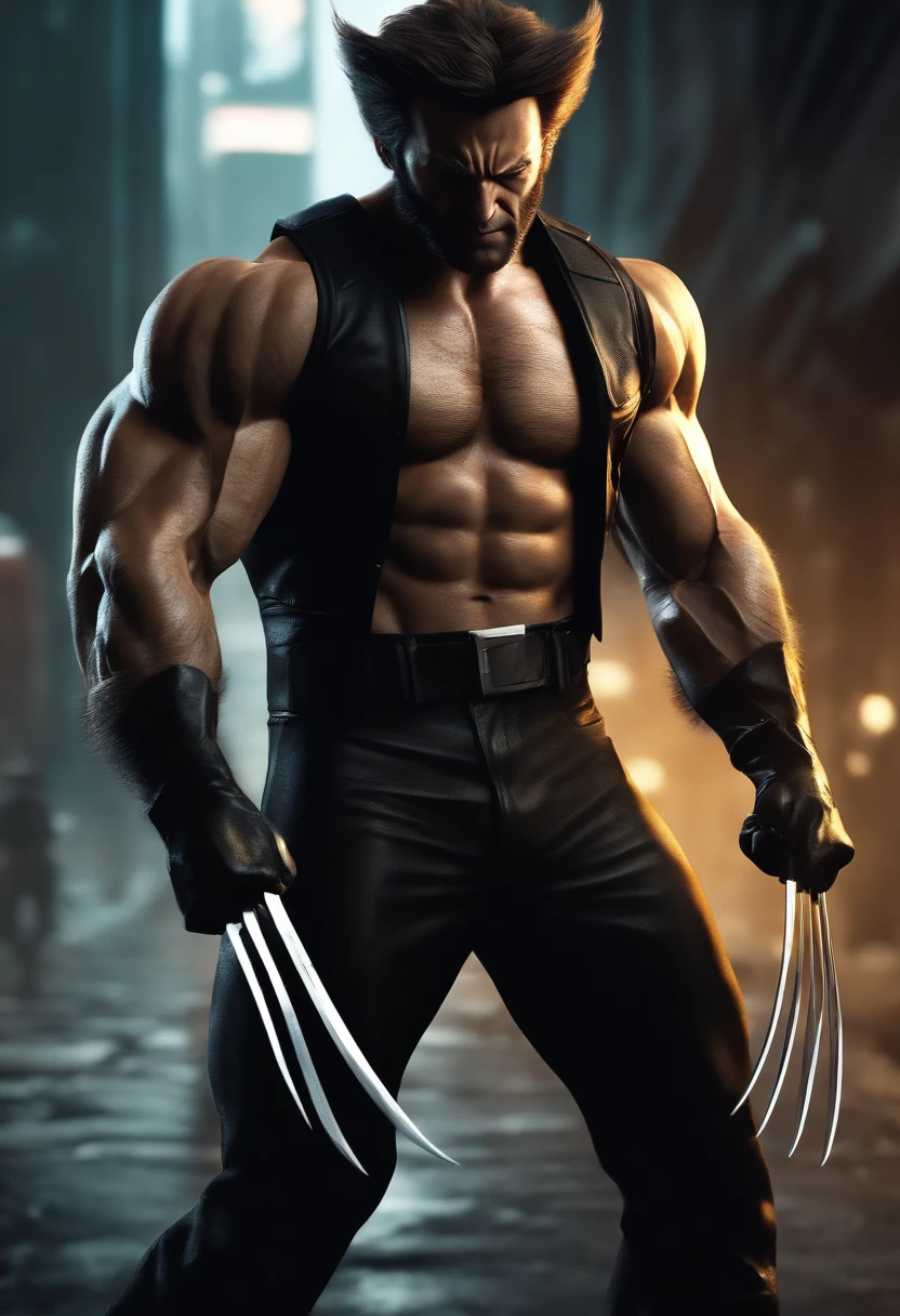 Wolverine look, Full HD, 4K, Crisp Image, details Wolverine in black Clothes, muscle, Cartoon 3D, Cyberpunk Background