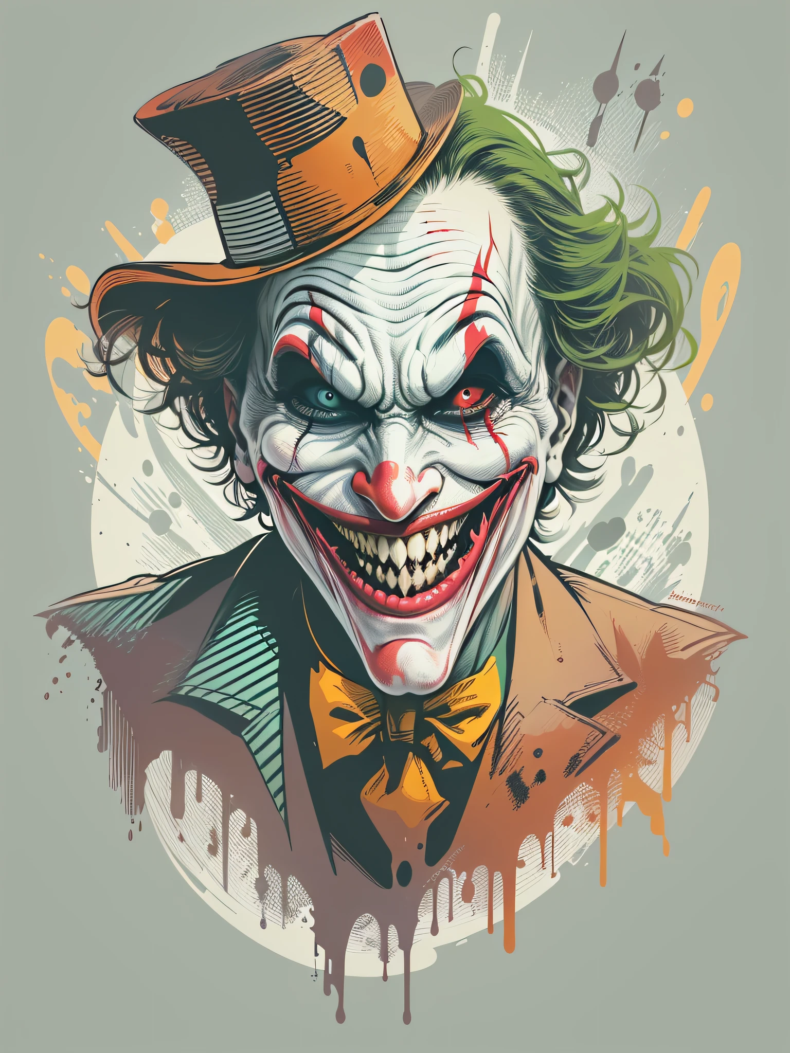 High quality design vector style image, t-shirt print style, joker graphic art white background bright realistic colors, horror circus scene, laughing joker image, ghastly smile