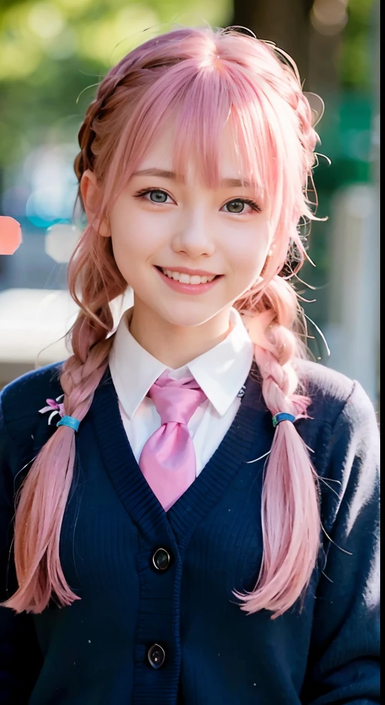(ultra-detailliert), Tartan check jacket,high-school uniform、Blue eyes,The upper part of the body、a closeup、faces、(A smile:1.5),(facing front:1.2), 20yr old, s girl,no tail,(no tail),2D, masterpiece, top-quality, animesque, A detailed eye, A detailed face, girl with, Only 1 person,Medium hair with pink hair, (Pink hair), Ear Hair, small tits, Single braid, (Single braid), (Side braid), Pink ribbon, Ribbon around the neck, Background bokeh