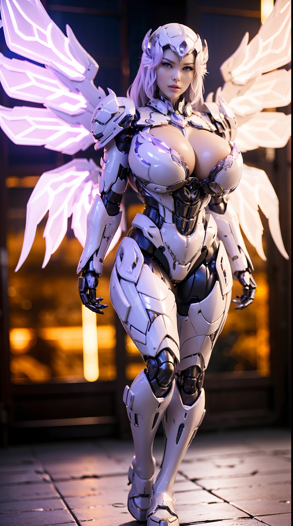 HUGE FAKE BOOBS, (BEAUTIFUL PURPLE, WHITE), FUTURISTIC DRAGON ARMOR GEAR, FUTURISTIC MECHA SUIT, (CLEAVAGE), ((LARGEST MECHANICAL ANGEL WINGS)), (TALL LEGS), FRONT, (STANDING), SEXY BODY, MUSCLE ABS, UHD, 8K, 1080P.