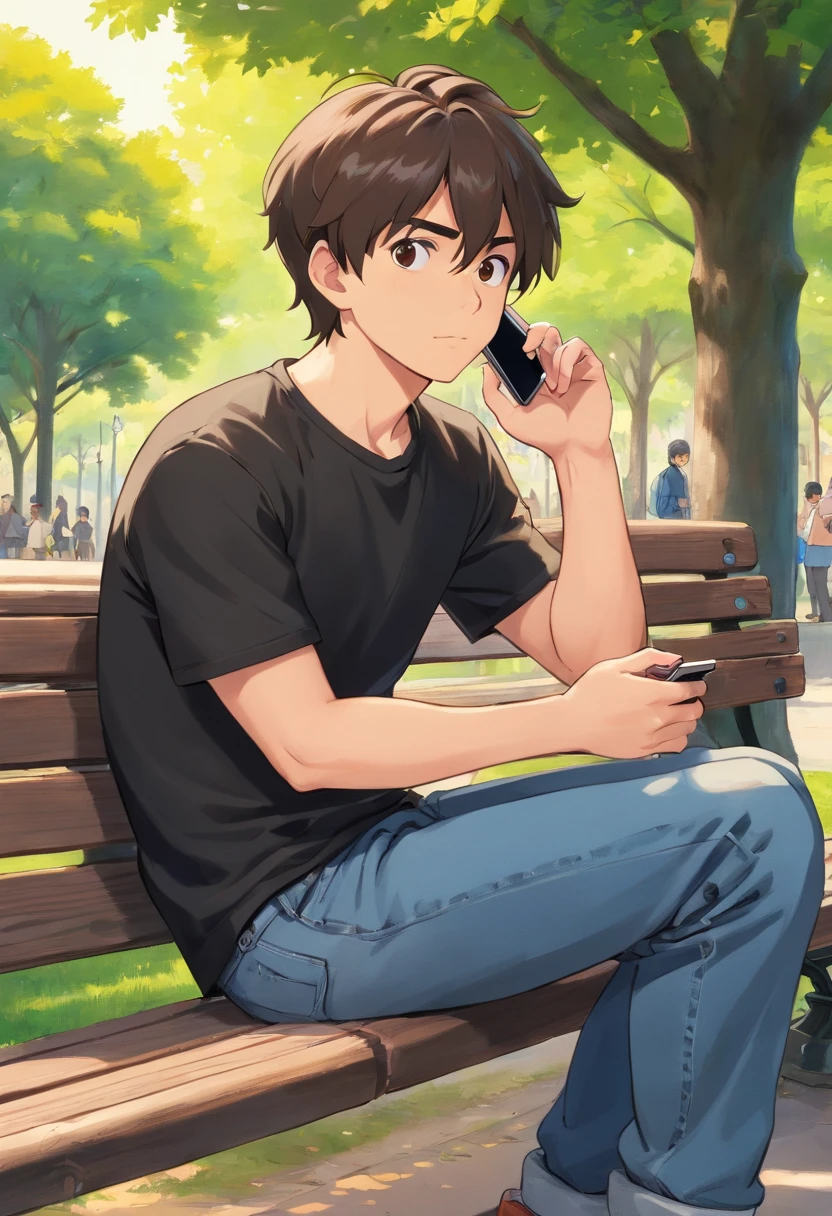 a young man with black t shirt and a jeans , sitting on the side of a park bench , holding his phone with one hand , looking to the left , Shoulder Level shot