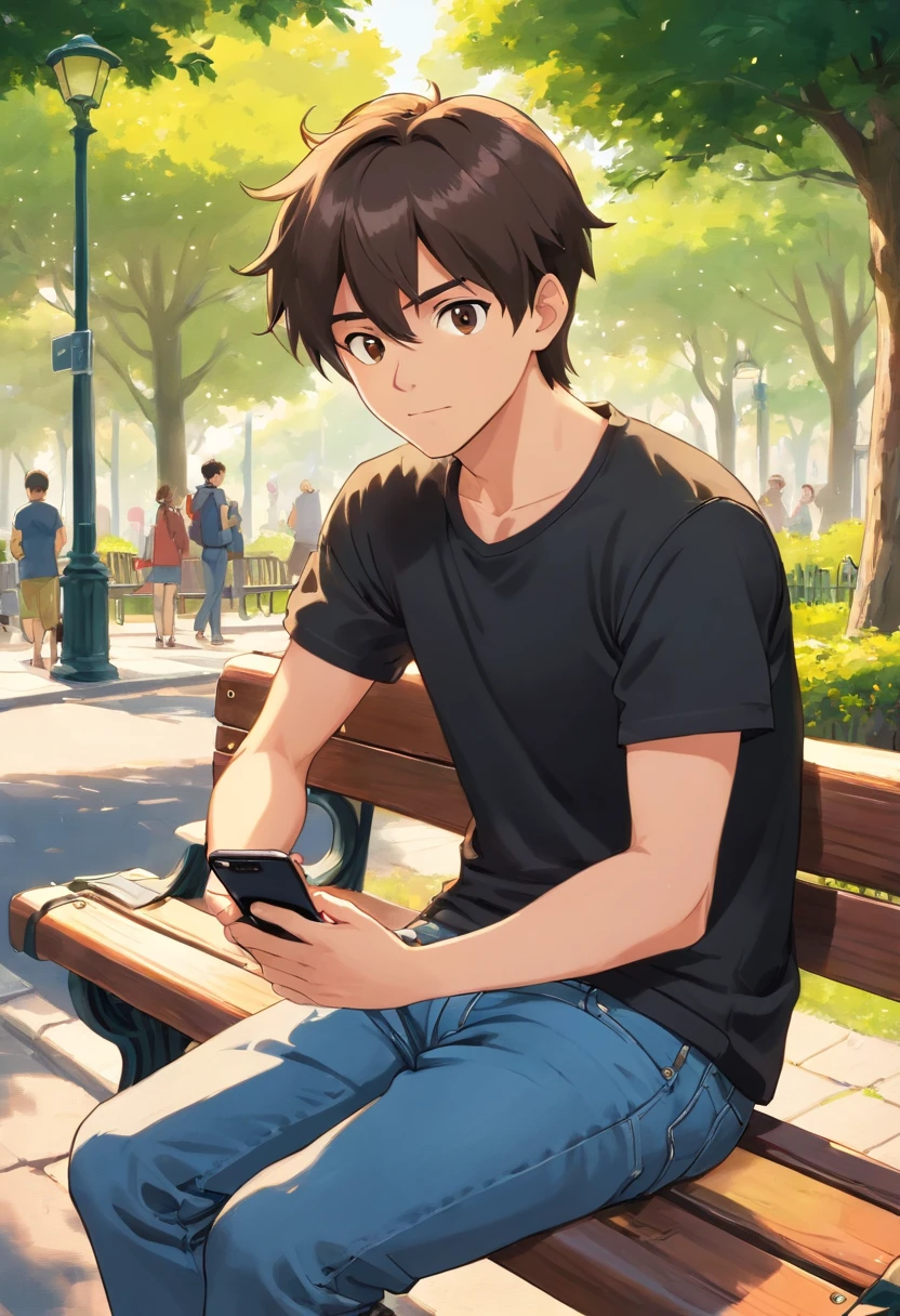 a young man with black t shirt and a jeans , sitting on the side of a park bench , holding his phone with one hand , looking to the left , Shoulder Level shot