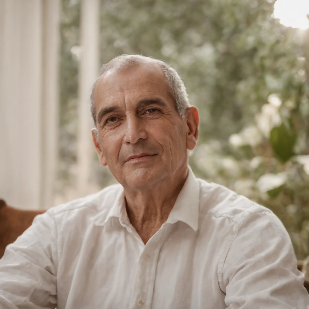 Entre no mundo do fotorrealismo com uma foto alegre de um homem idoso, seu rosto refletia o peso do tempo. A cena se passa em um ambiente interno tranquilo, com luz artificial suave, em uma sala toda branca , casting soft shadows over the man's weary features. Seus cabelos grisalhos, outrora vibrante, Now he speaks of wisdom and experience. Seus olhos, full of a lifetime of memories. The wheelchair in which he sits is a practical and functional model, fornecendo o apoio de que precisa, mas incapaz de aliviar a dor emocional que carrega. The type of camera photo is a close-up, capturing the raw emotions etched into the man's face and allowing us to connect with his story. camera lens: 50 millimeters, oferecendo uma perspectiva equilibrada e natural. resolution: 4k, providing a high level of detail, sala toda branca, paredes brancas