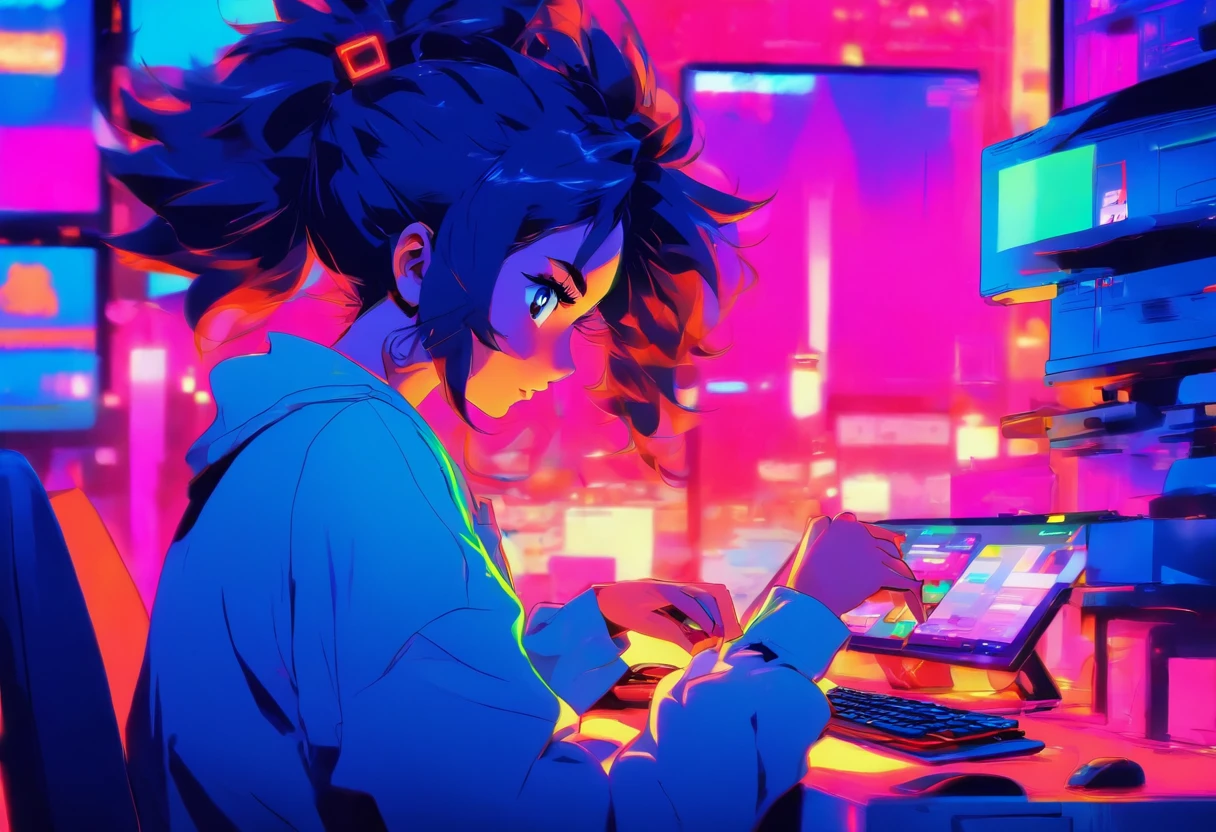Create a flat illustration of a woman working on a computer. Focus on simplicity and minimalism in your shading and coloring. Use bold, solid colors without gradients to achieve a clean and flat look. Highlight the key elements of her workspace, like the computer, desk, and any relevant office supplies. Remember to keep the composition uncluttered and the lines crisp to maintain the flat art style