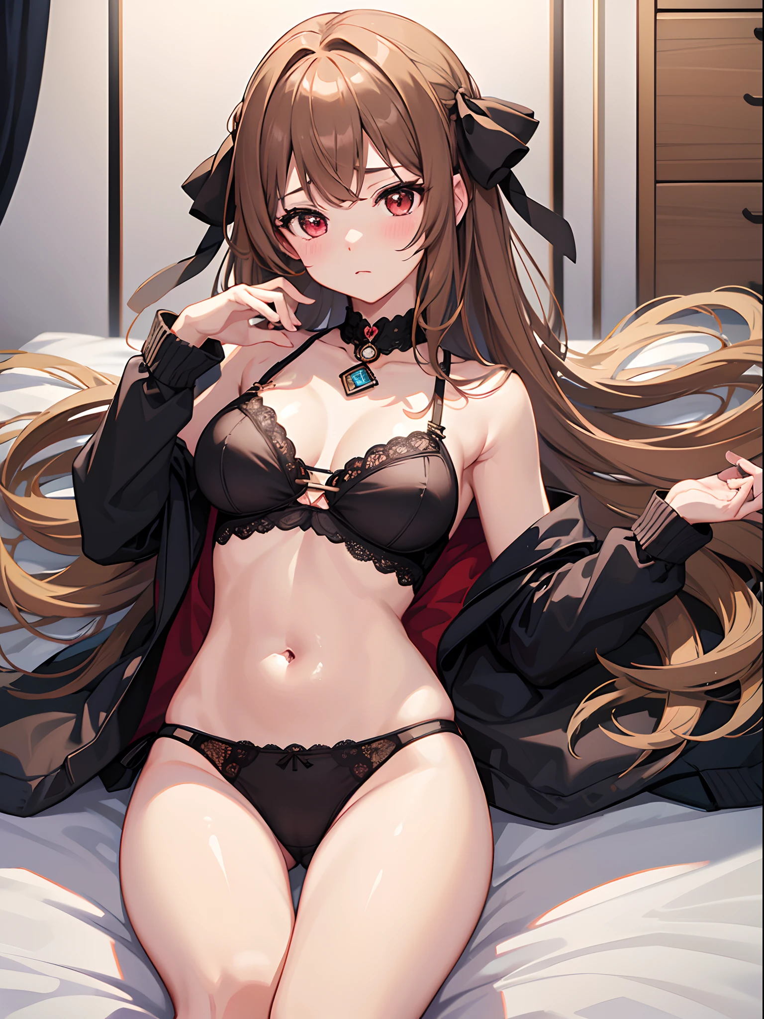 ((4K, master piece, Best Quality)), 1girl in, Light brown SHRT hair, Red Eyes, center parted hair, medium breasts, Cute, blush, Underwear is visible, roomwear