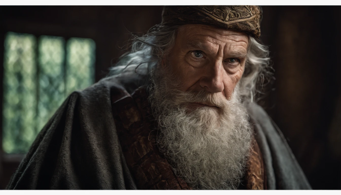 A portrait of a wizard, bearded, wrinkled, weathered, with piercing eyes, detailed face, high details, photography, dark studio, rim light, Nikon D850, 50mm, f/1.4