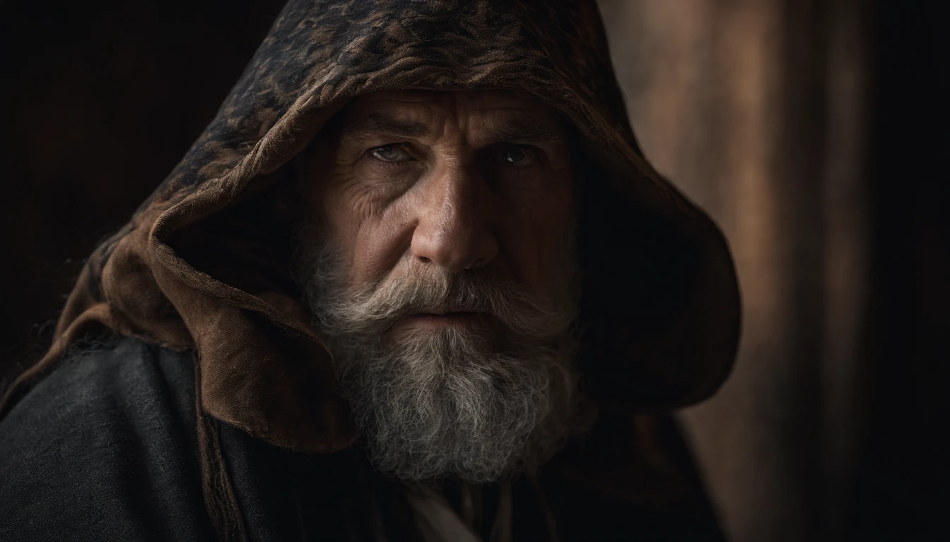 A portrait of a wizard, bearded, wrinkled, weathered, with piercing eyes, detailed face, high details, photography, dark studio, rim light, Nikon D850, 50mm, f/1.4