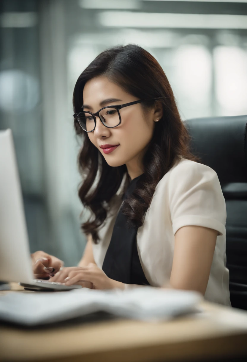 Young Asian Office Lady With Glasses Working