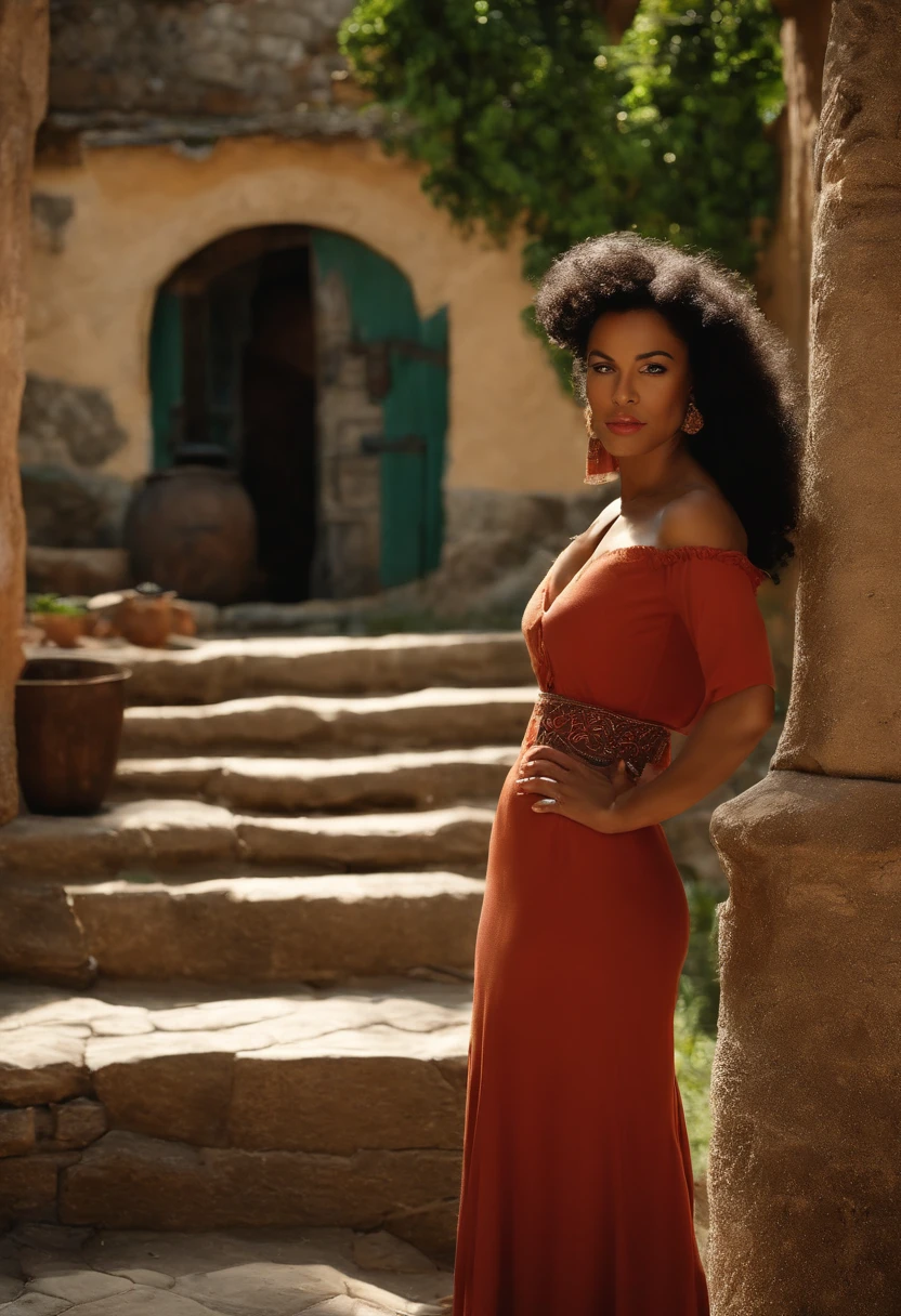 Afro-Brazilian woman standing, red sandal, vestido curto colorido,  no alto da escadaria do Senhor do Bonfim, Bahia, Brasil, detalhes da textura, pretty face and fine features，cabelos preto e longos，Bonita，mulata，ligeiramente musculoso，cintura fina, 4 K, self definition.