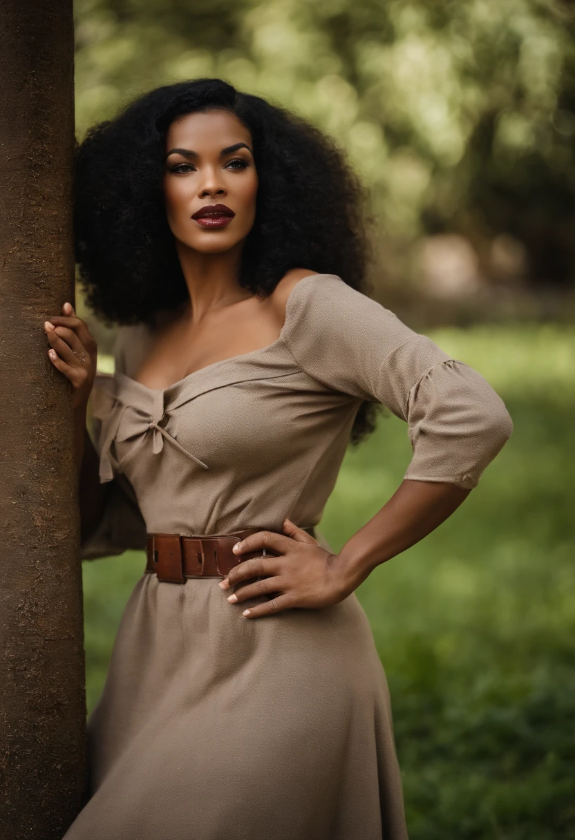 Bettie Page, sozinho, Rustic homemade dress in earthy brown, Made of thick wool, com um encaixe solto tipo smock, cintura alta, and three-quarter-long sleeves, Senhora, medium stature, magro, Face triangular, pele bronzeada, Cabelo loiro mel, olhos azuis de gelo, [[nariz curvo]], full lips, queixo redondo, cabelos longos, cabelos grossos, Afro afilado, Seios naturais, , Batom preto puro, Bending sideways with one arm reaching for your head, Mercado medieval encantador movimentado com comerciantes e habitantes da cidade animada, irritado, orgulhoso, :] , breath-taking, detalhes intrincados, absurdos, Altas, ultra detalhado, extremely high quality, Amazing details,