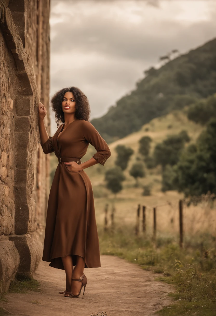 Bettie Page, sozinho, Rustic homemade dress in earthy brown, Made of thick wool, com um encaixe solto tipo smock, cintura alta, and three-quarter-long sleeves, Senhora, medium stature, magro, Face triangular, pele bronzeada, Cabelo loiro mel, olhos azuis de gelo, [[nariz curvo]], full lips, queixo redondo, cabelos longos, cabelos grossos, Afro afilado, Seios naturais, , Batom preto puro, Bending sideways with one arm reaching for your head, Mercado medieval encantador movimentado com comerciantes e habitantes da cidade animada, irritado, orgulhoso, :] , breath-taking, detalhes intrincados, absurdos, Altas, ultra detalhado, extremely high quality, Amazing details,