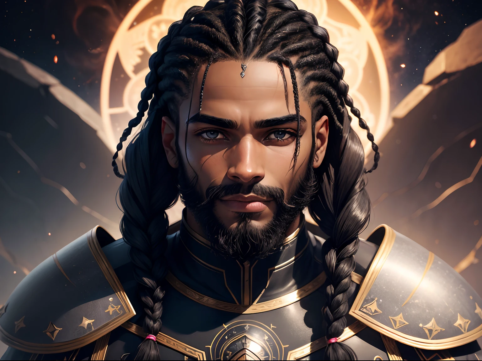 homem (?????) SEM BARBA, rosto liso, braids in hair, nebulosa, upscale, hd, armadura futuristica, riqueza em detalhes, super hd, sem barba, sorrindo