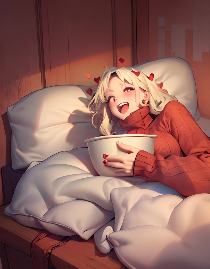 (masterpiece, best quality:1.2), volumetric lighting, cowboy shot, solo, 1girl, htmodeus, blush, open mouth, laughing, happy, looking at viewer, holding bowl of popcorns, heart-shaped pupils, informal, red sweater, turtleneck, sleeves past wrists, black shorts