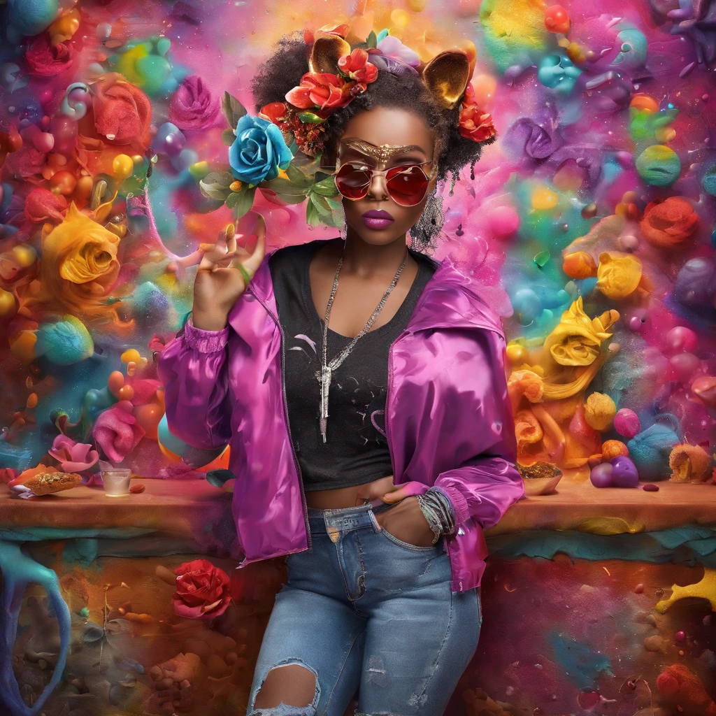 In a whimsical kawaii cafe, Kitten Fluffy, crafted from highly detailed curling, thin glowing multi-colored smoke, dons a rose flower hoodie and fancy funny stylish giant shiny sunglasses. Against a backdrop of vibrant neon typography spelling VIKUSIA, FAINOHO DNIA, capture its enchantment in a digital art masterpiece. Incorporate volumetric 3D rendering, Octane render, and vibrant graffiti elements to create a fantasy illustration that showcases its fashion-forward style. Make it pop with a poster-worthy 3D render that embraces the essence of this captivating character ((stunningly tantalizing view)). 3D, highly detailed, sharp focus, 8K, ultra quality, UHD, crystal clear, bokeh. Black magic Pocket Cinema Camera 6K Pro with Sigma 18-35mm f/1.8 DC HSM Art lens Canon EOS 5D Mark IV camera with a Canon EF 24-70mm f/2.8L II USM lens --ar 9:16 --v 5.2 --s 750, architecture, vibrant, wildlife photography, portrait photography, fashion, cinematic, typography, 3d render, poster, photo