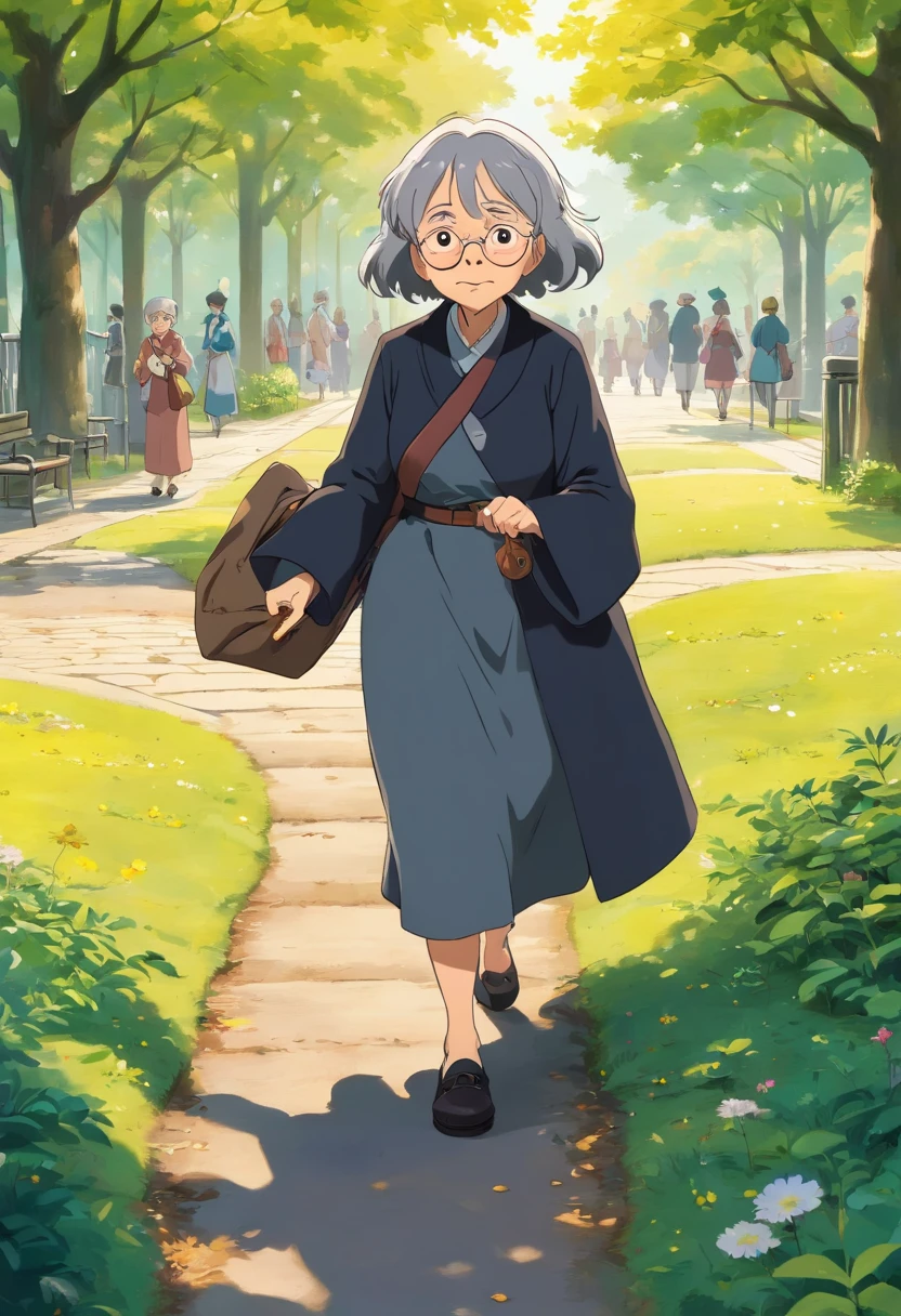 an old woman wearing black and gray old pepole uniform  stumbled while walking and fell on the ground in the park , its sunny