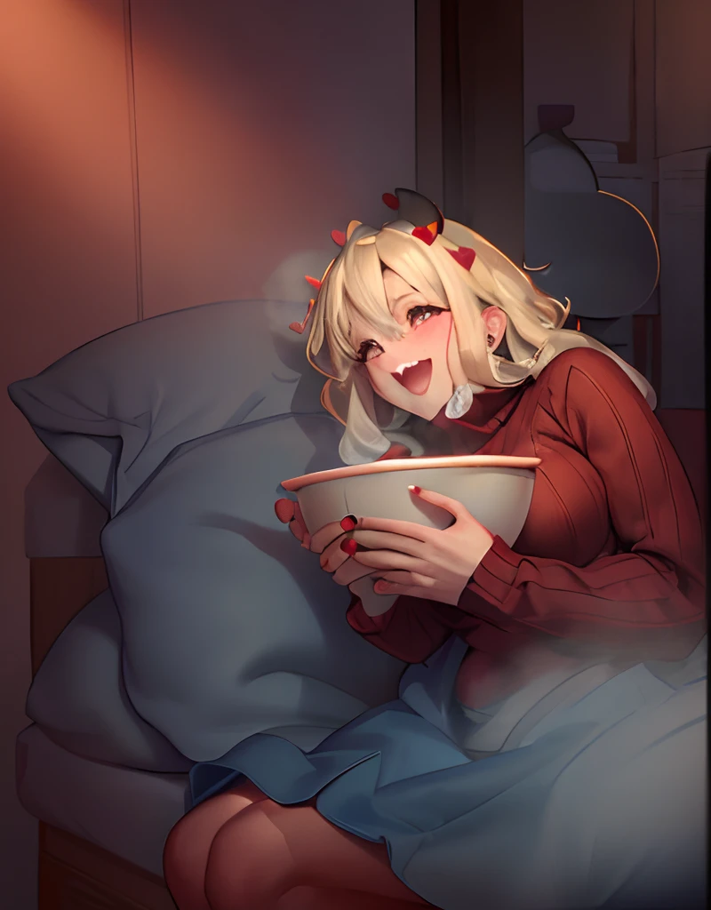 (masterpiece, best quality:1.2), volumetric lighting, cowboy shot, solo, 1girl, htmodeus, blush, open mouth, laughing, happy, looking at viewer, holding bowl of popcorns, heart-shaped pupils, informal, red sweater, turtleneck, sleeves past wrists, black shorts