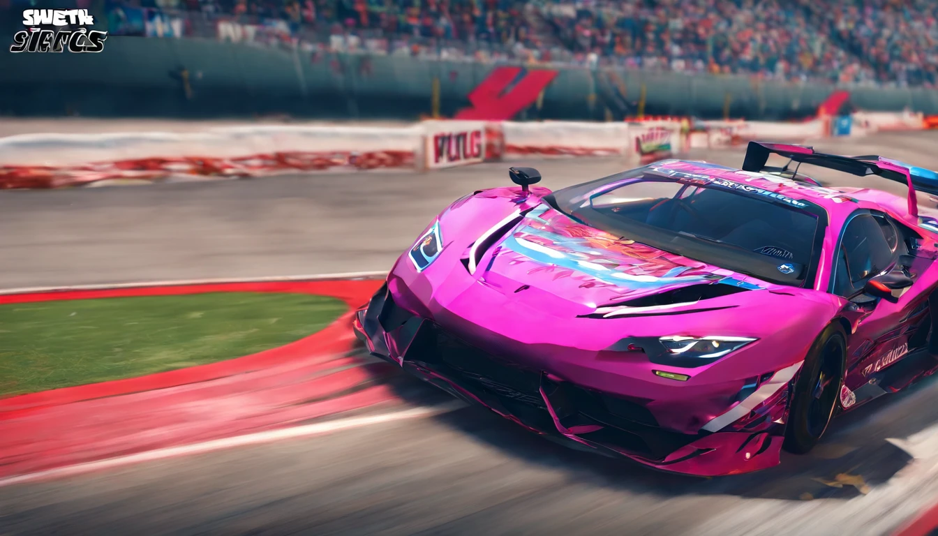 Design a horizontal and rectangular banner for my Twitch channel that captures my passion for simracing. Quiero que el banner presente un emocionante circuito de carreras simulado, With realistic details of simulation cars in action. Agrega elementos de velocidad y adrenalina, such as the speed effects of movement and tire skidding. Make sure the design is eye-catching and conforms to the typical horizontal and rectangular format of a Twitch banner. Don't include any representation of me in the banner.