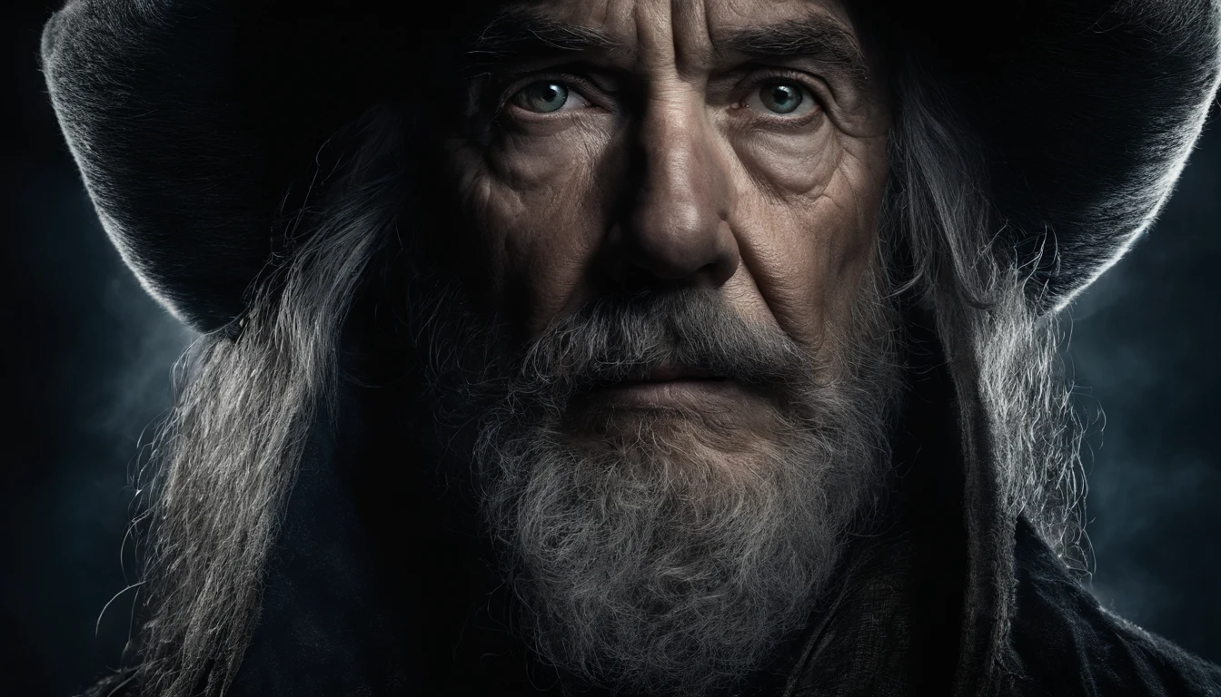 A portrait of a wizard, bearded, wrinkled, weathered, with piercing eyes, detailed face, high details, photography, dark studio, rim light, Nikon D850, 50mm, f/1.4