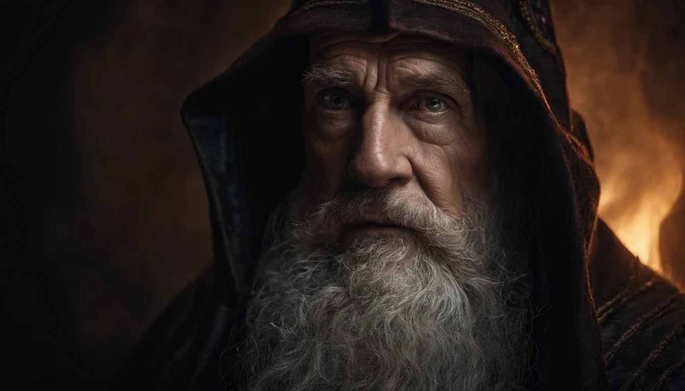 A portrait of a wizard, bearded, wrinkled, weathered, with piercing eyes, detailed face, high details, photography, dark studio, rim light, Nikon D850, 50mm, f/1.4