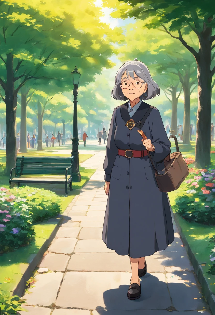 an old woman wearing black and gray old pepole uniform , stumbled while walking , in the park , its sunny
