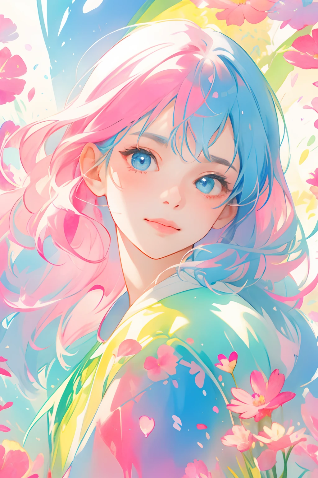 (best qualtiy,tmasterpiece,aquarelle,Splash ink),1 beautiful and delicate portrait of a girl,Playful and cute,Magic Array,Rainbow light,Background Petals drifting, Blue and pink combination,(The upper part of the body)