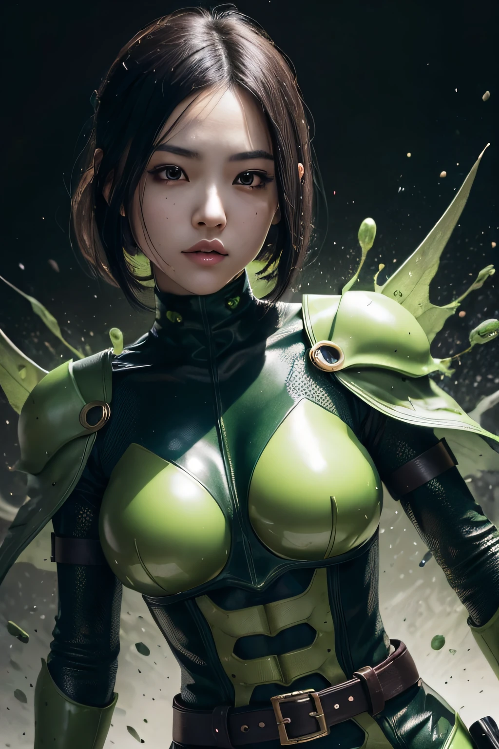 beautiful japanese young woman, extreme detailed, bodysuit, gloves, belt, thigh boots, (valorantViper:1.2), bodysuit, gloves, belt, thigh boots, respirator, looking at viewer, face, portrait, close-up, green, slender, (combat ready stance), (tactical outfit), (solo character), (gaming theme:1.5), short hair, green, (black hair), (milittary gear), (gas mask:0.4), (poisonous green:1.2), (glowing  effects),