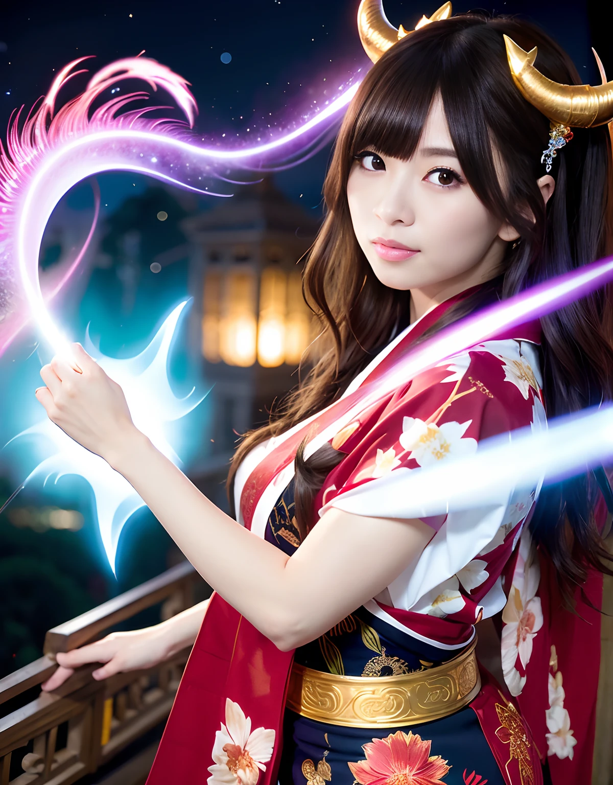 ((World of Darkness)),Professional , ​masterpiece、top-quality、photos realistic , depth of fields 、（sexypose）、Oiran hairstyle、Maiko's hairstyle、(White maple on full bloom background),（Ultimate Beauty）、A dark-haired、（shrine background)、（Kimono with beautiful pattern）、（Night background）、Beautiful hair ornament on the head、（（Precipitous cliffs））,(Wear a beautiful kimono),（Wear a beautiful kimono with colorful floral patterns）、Jewel Gold Weapon、Particles of light),(Wearing a wizard's hat）、Gorgeous gold weapons ,Castle background、（（ Gorgeous Dragon Sword）） , （a dark night）,,（maikurobikini） 、（（Black Haired Beautiful Girl））、（Castle background）、（demonic wings）、（（Gangle's forest background））、Beautiful Caucasian beauty、１a person、dynamic ungle,(((Two devil's horns on the head)))、Smaller head、Idle Smile、Thin and beautiful female hands、Mystical expression、Light Effects、intense fighting、Wind-effect、magic circles、With the legendary magic wand、Dragon's tail、Full Body Angle、
