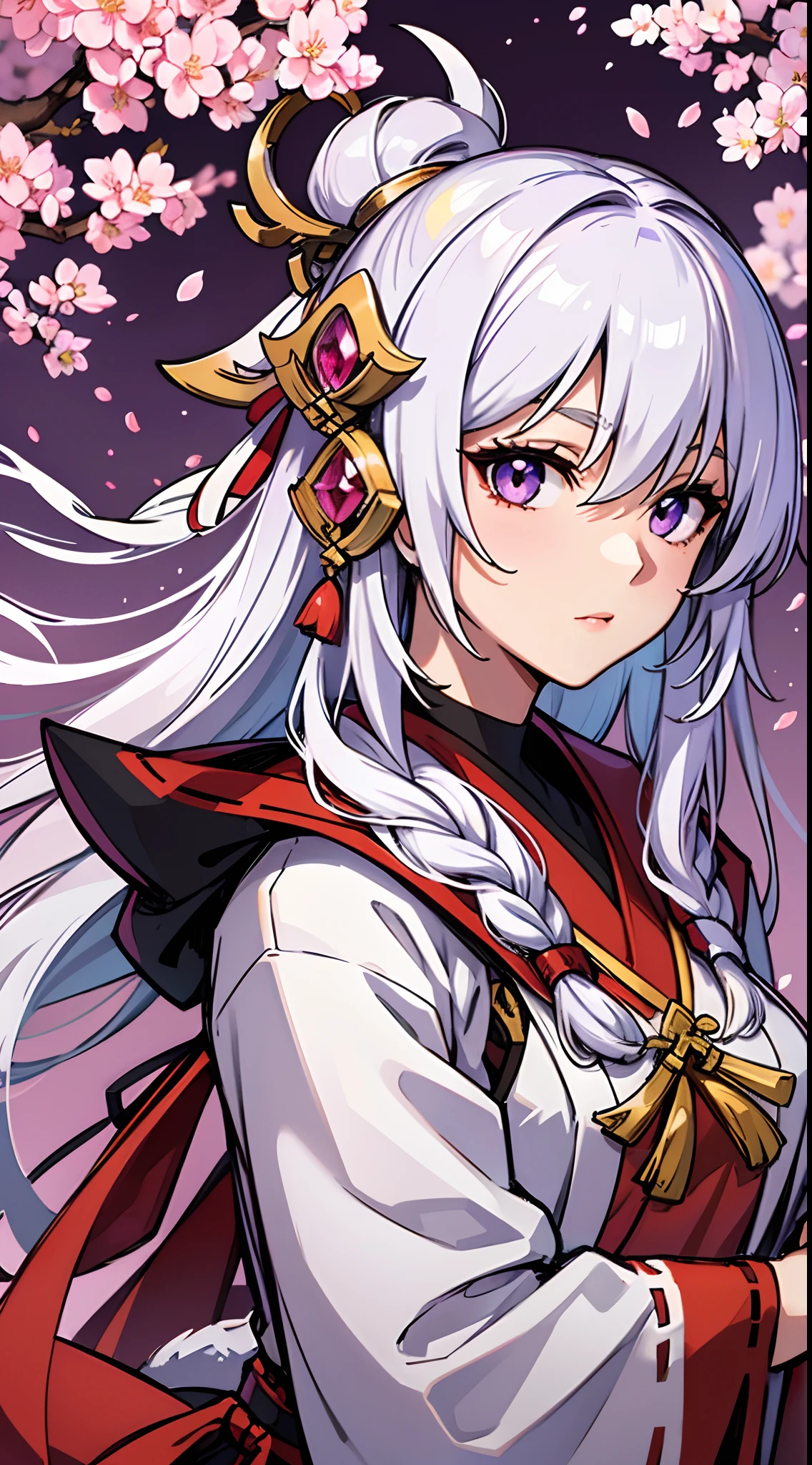 upper body, 1woman, white hair, Long Haired, side plait hairstyle, purple eyes, (Miko), Gohei, big breats, wallpaper, cherry blossom tree background, light particles, Red fire,  (masterpiece), best quality