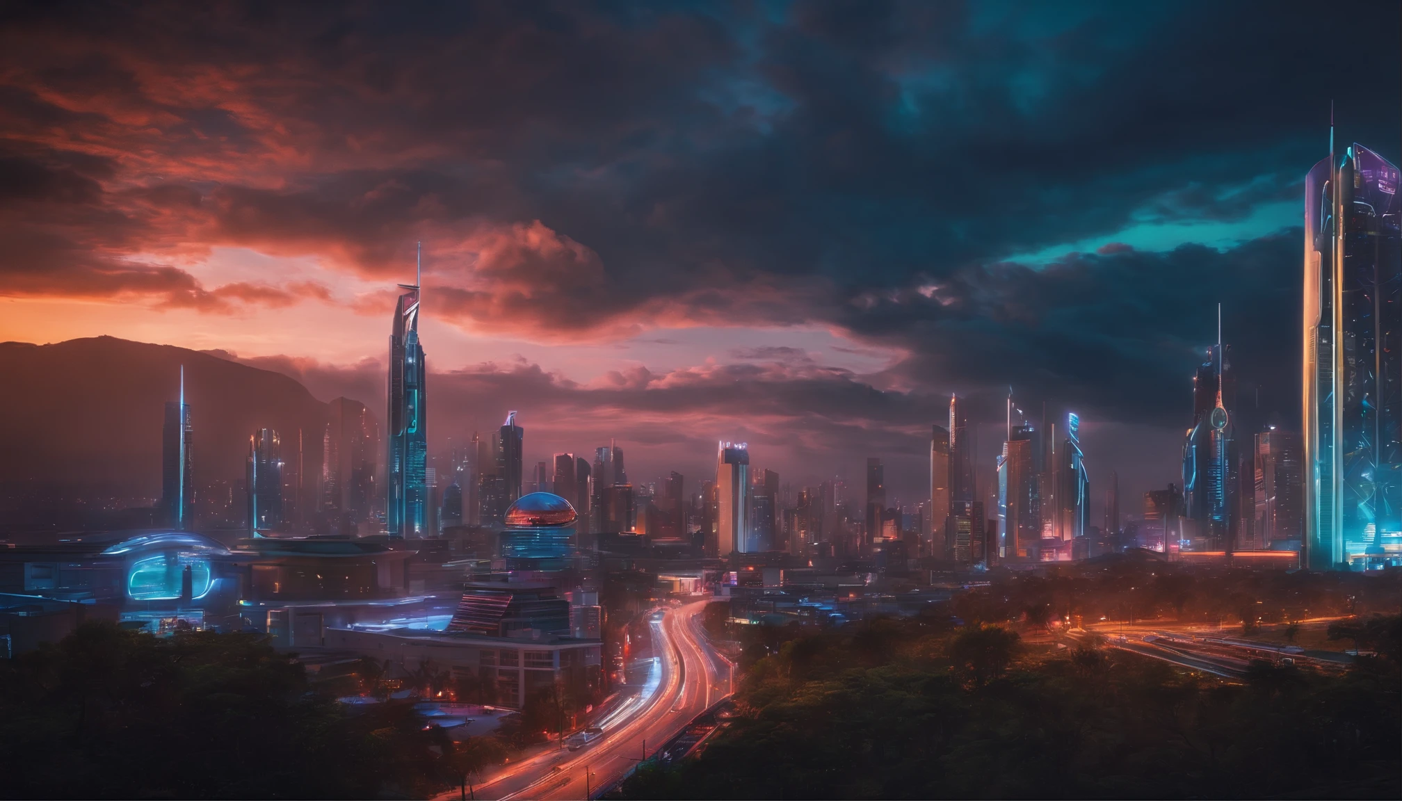 (obra prima) cidade no estilo cyberpunk, illuminated sky, neon light, imagem vista do zero, paisagem ampla, cidade futurista