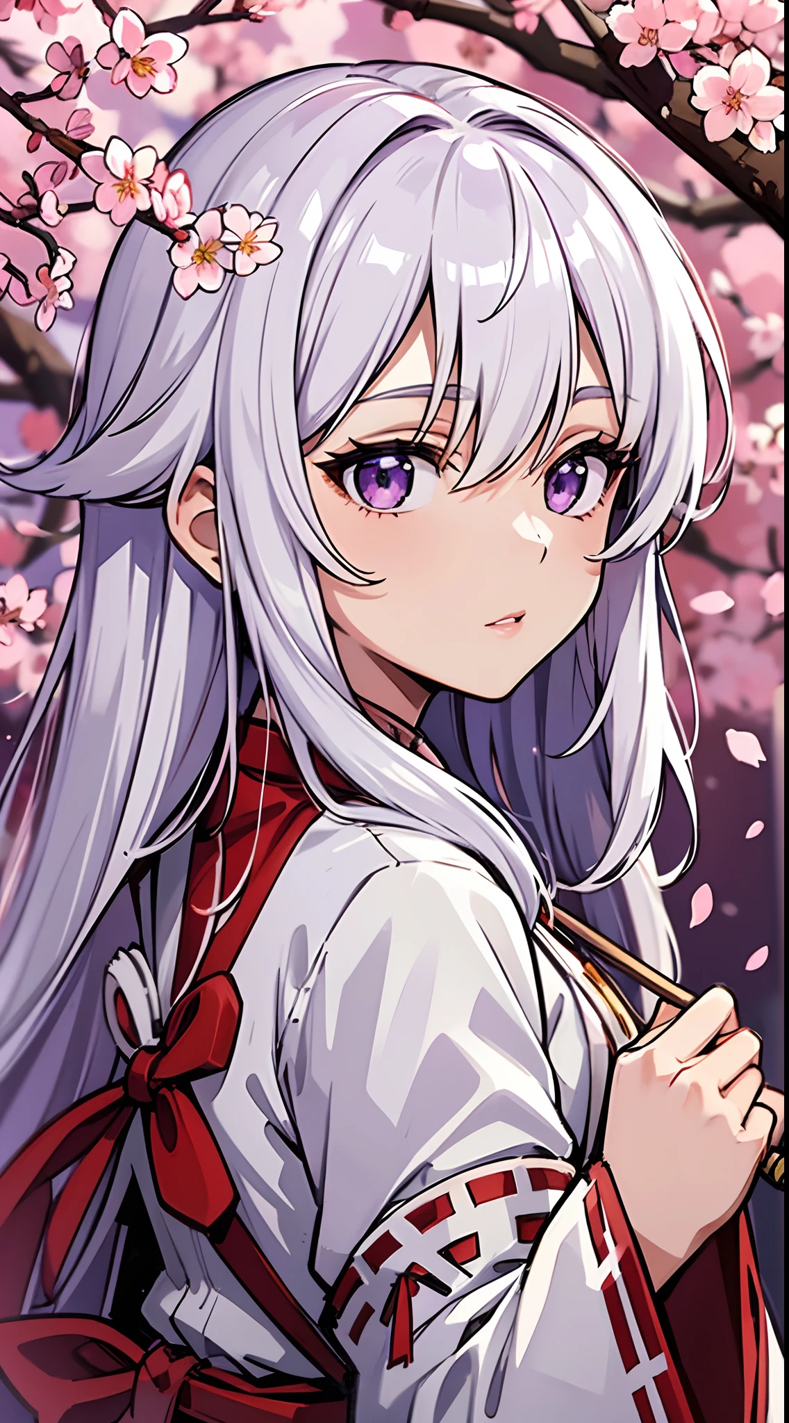 upper body, 1girl, white hair, Long Haired, purple eyes, (Miko), Gohei, big breats, wallpaper, cherry blossom tree background, light particles, Red fire, (masterpiece), best quality