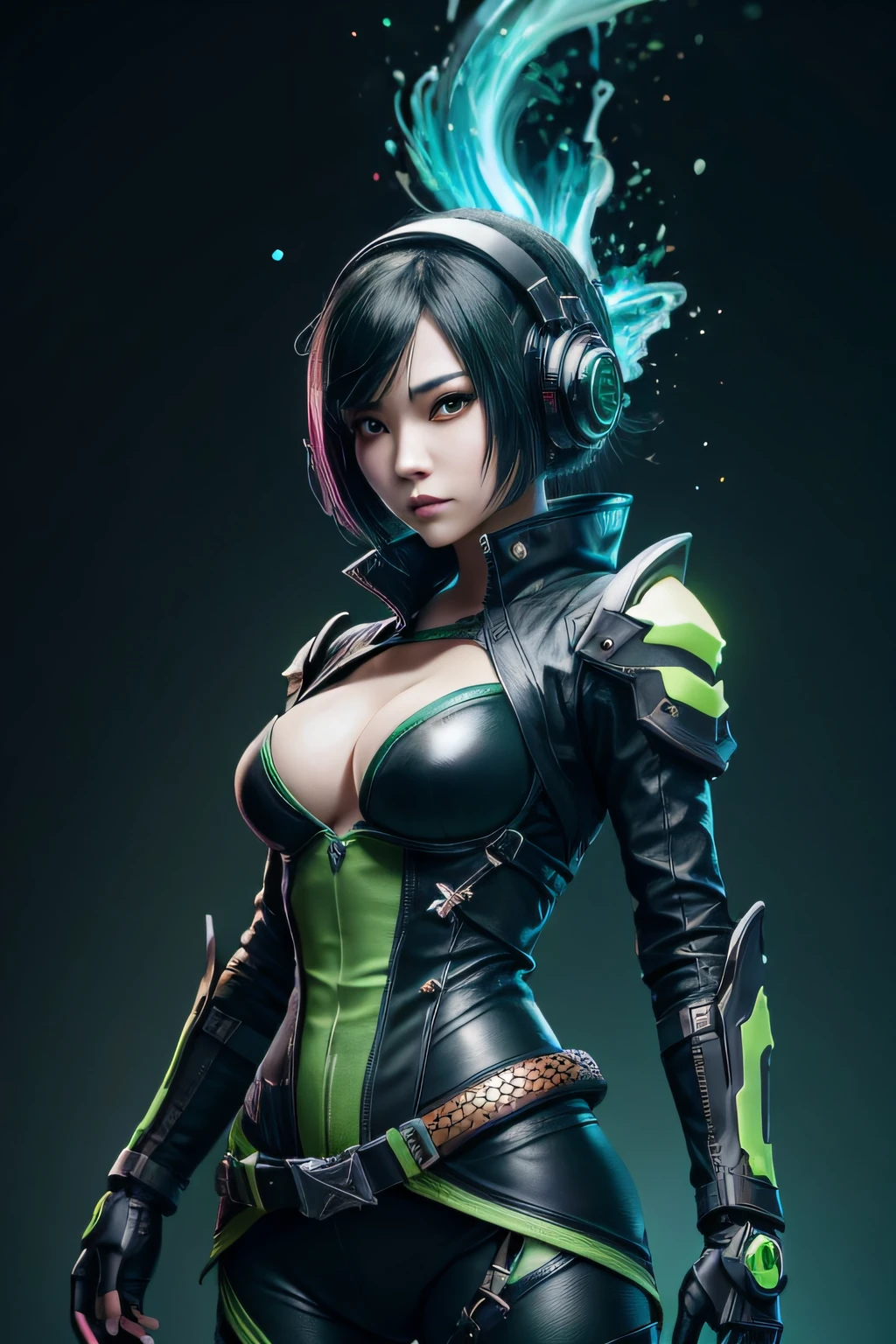 beautiful japanese young woman, extreme detailed, bodysuit, gloves, belt, thigh boots, (valorantViper:1.2), bodysuit, gloves, belt, thigh boots, respirator, looking at viewer, face, portrait, close-up, green, slender, (combat ready stance), (tactical outfit), (solo character), (gaming theme:1.5), short hair, green, (black hair), (milittary gear), (gas mask:0.4), (poisonous green:1.2), (glowing  effects),