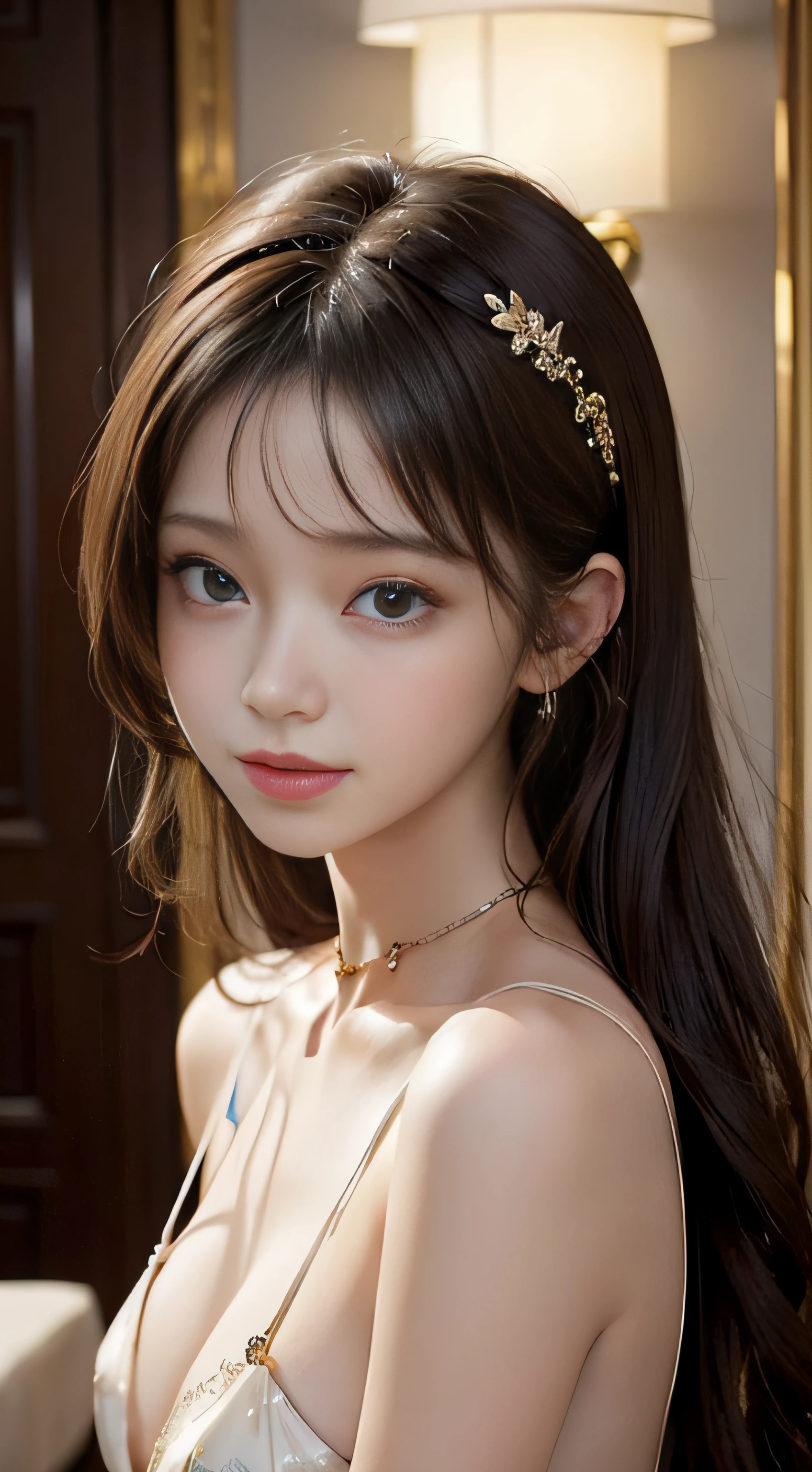 masterpiece、Top image quality:1.2、((beautiful young woman with))、Transparent skin:1.2、{A slight smil}、(kawaii)、luxury hotel、depth of fields