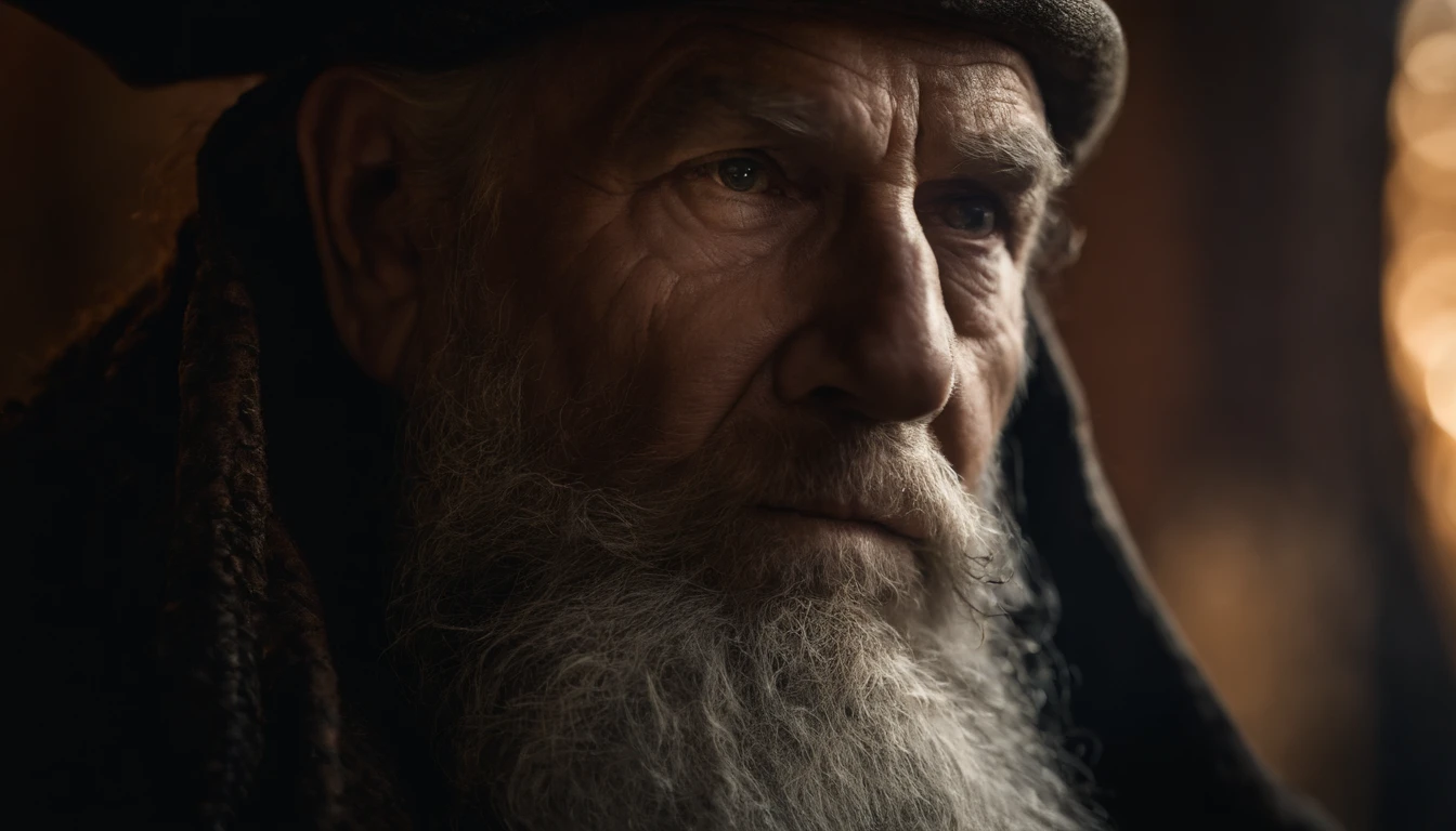 A portrait of a wizard, bearded, wrinkled, weathered, with piercing eyes, detailed face, high details, photography, dark studio, rim light, Nikon D850, 50mm, f/1.4