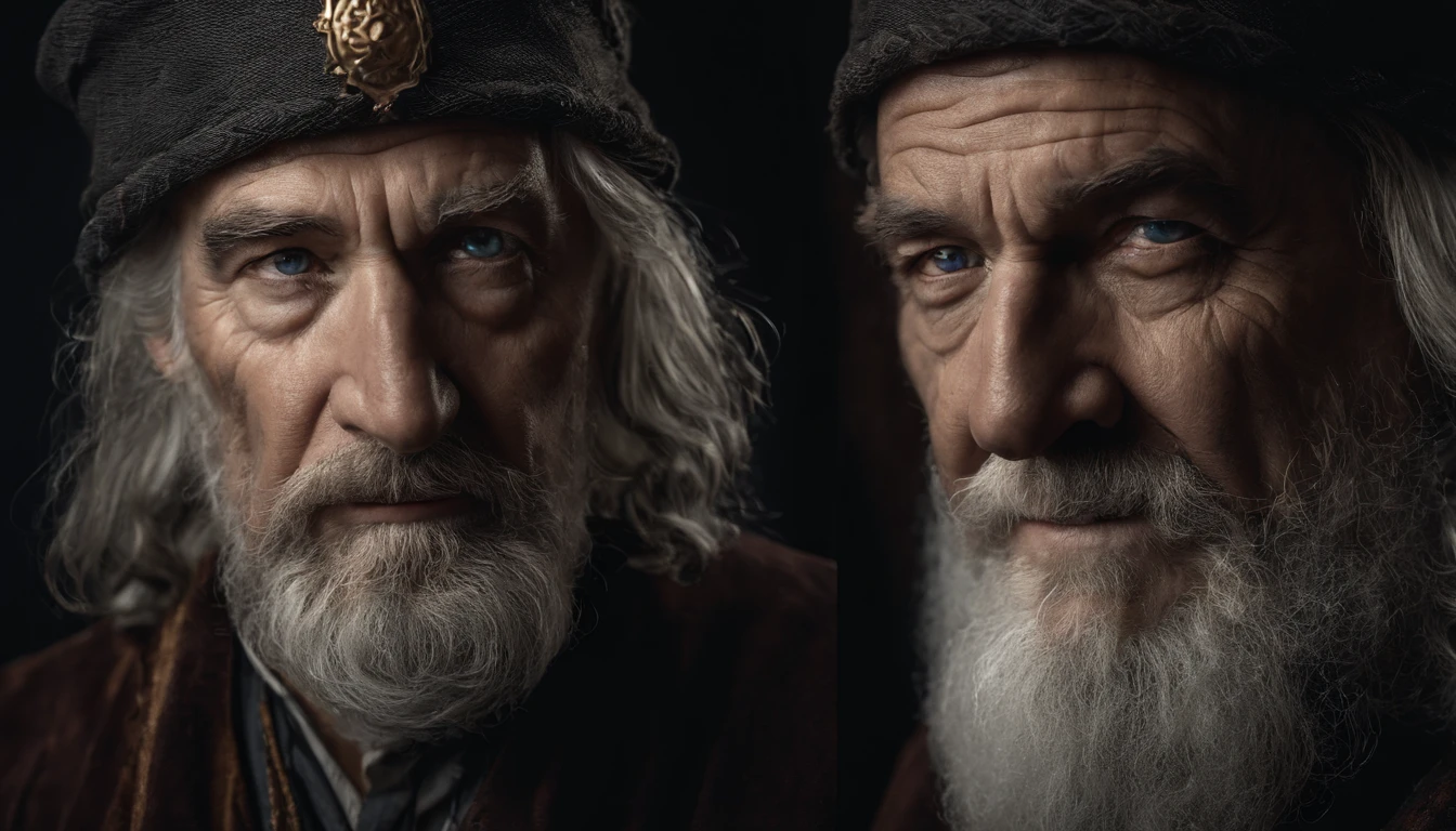 A portrait of a wizard, bearded, wrinkled, weathered, with piercing eyes, detailed face, high details, photography, dark studio, rim light, Nikon D850, 50mm, f/1.4
