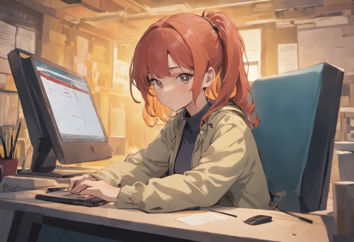 Create a flat illustration of a woman working on a computer. Focus on simplicity and minimalism in your shading and coloring. Use bold, solid colors without gradients to achieve a clean and flat look. Highlight the key elements of her workspace, like the computer, desk, and any relevant office supplies. Remember to keep the composition uncluttered and the lines crisp to maintain the flat art style