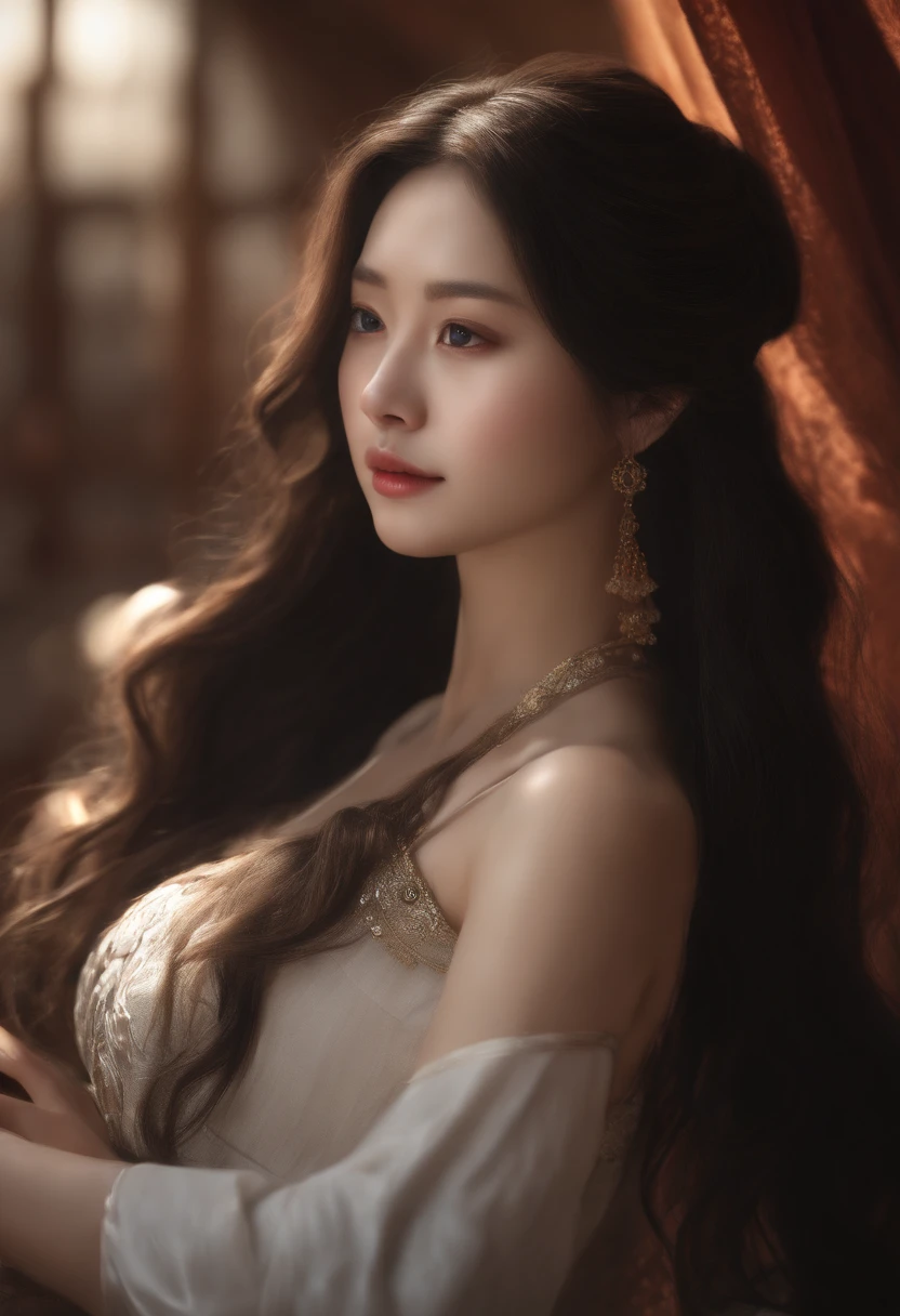 (Raw photo, Best Quality), (Realistic, photographrealistic: 1.3), Best Quality, Highly detailed, masutepiece, Hyper-detailing, Illustration, 1 girl, Paintings and foreheads, 上半身_Body, Dynamic Angle, world masterpiece theater, Messy_long_hair, Best Quality, extremely detailed CG unified 8k wallpaper, inky, amazing, Cinematic lighting, lens_f lare,dunhuang_Style