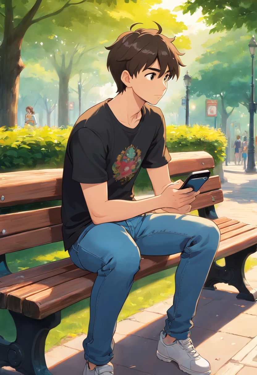 a young man with black t shirt and a jeans , sitting on the side of a park bench , holding his phone with one hand , looking to the left , Shoulder Level shot