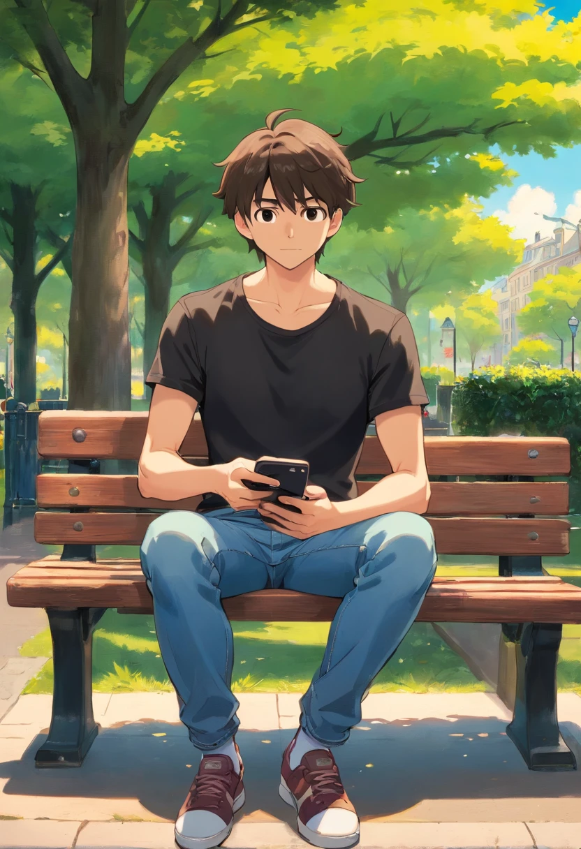 a young man with black t shirt and a jeans , sitting on the side of a park bench , holding his phone with one hand , looking to the left , Shoulder Level shot