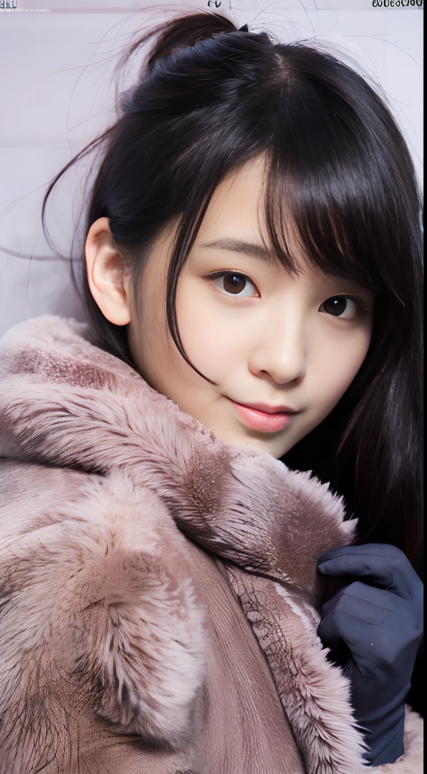 in Tokyo,Photo,Portrait,Perfect Anatomy, Five-fingered,Black leather gloves,More about Ulta, Valentine, Cute Japan schoolgirl holding heart-shaped chocolate,both hands over, Wearing a school uniform and cute fur coat, High school girl in black leather gloves,Smile, Black hair, Looking through the bangs,hime-cut,Straight hair, Like an idol, Winters, Check Scarf, plein air