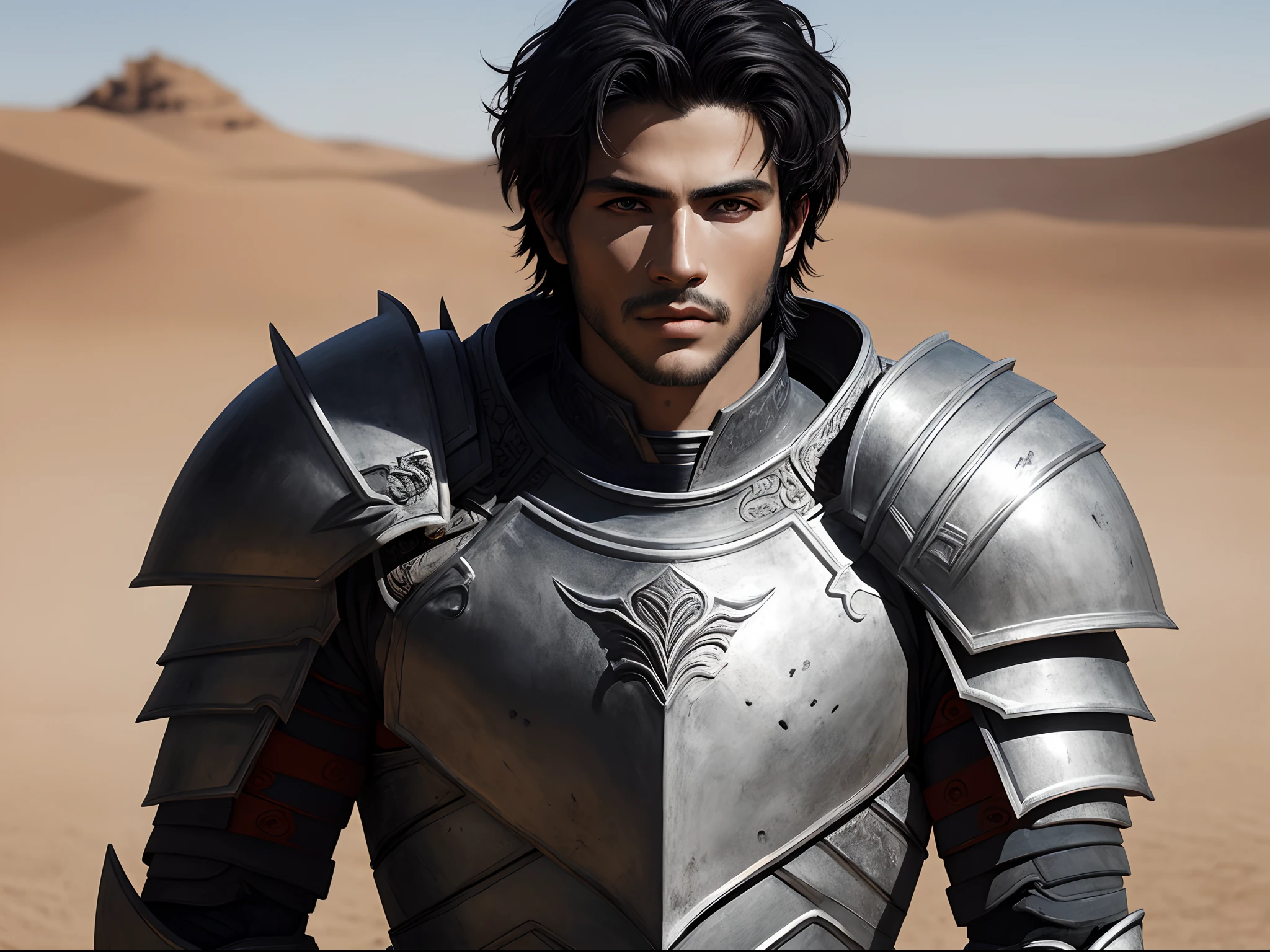 Aeneas. Realistic photo. Photo from the waist up. Handsome Trojan warrior. Tall, strong and with short black hair. He wears broken armor after the battle. desert background with suspended dust... ((Masterpiece)). Professional photography, ultra-sharp focus. Analog RAW photography, 80mm f2.8 lens, Best quality, Ultra detailed, 64k, Intricate details, Fine detail, Detailed rendering, Realistic detail. Detailed hands, perfect eyes, detailed face, natural pose.