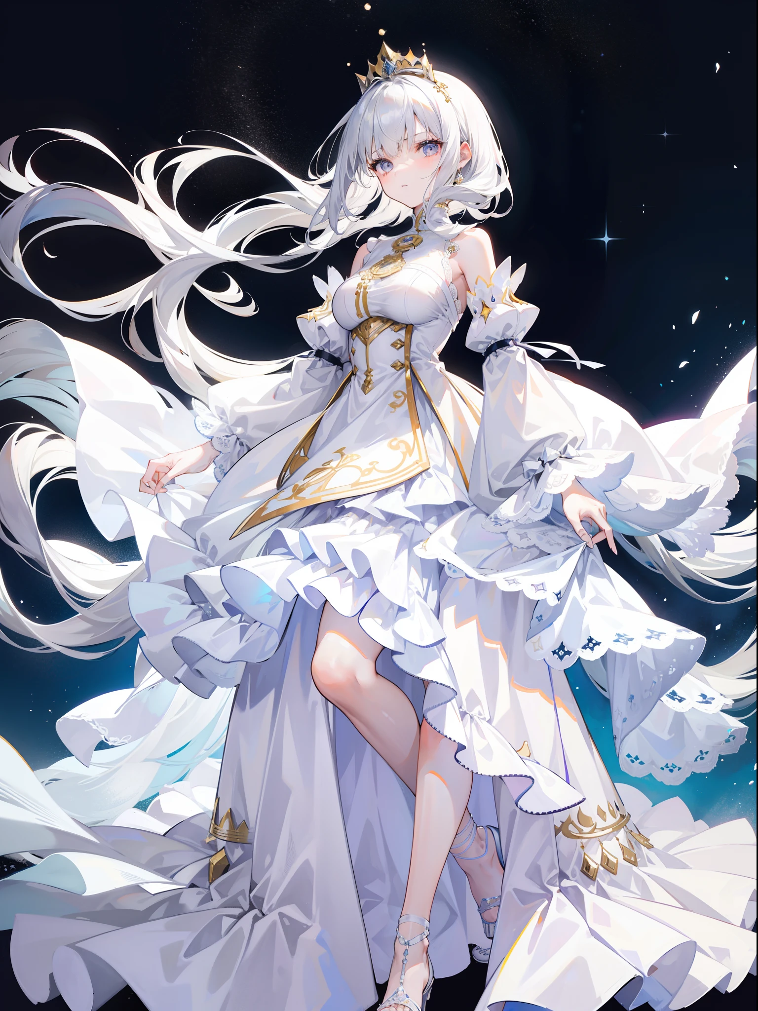 1girll, Height 164 cm, Tall girl, Charismatic, 18 years old, NavyHair, Very long hair, pretty, White silver eyes, Glowing eyes, White long lady dress, Long clothes, long skirt ,Diamond period, standing, Light-colored crown