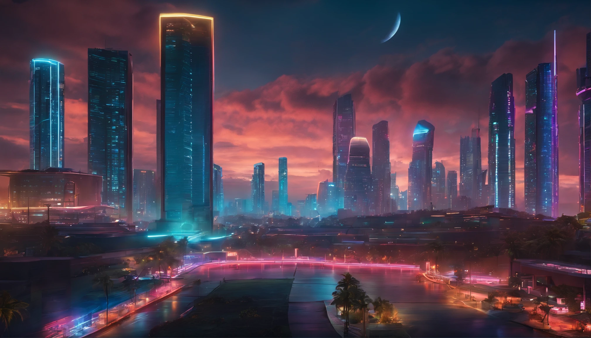 (obra prima) cidade no estilo cyberpunk, illuminated sky, neon light, imagem vista do zero, paisagem ampla, cidade futurista